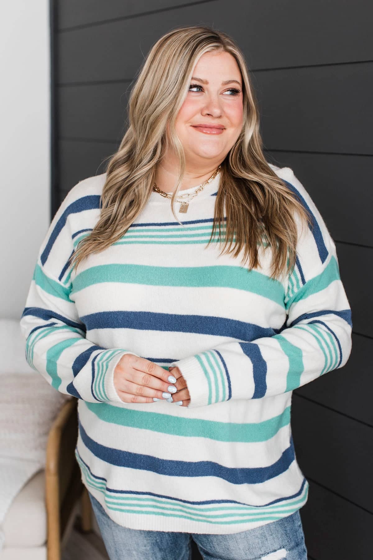 Magic In The Air Striped Sweater- Ivory, Dark Blue, & Mint - Image 3