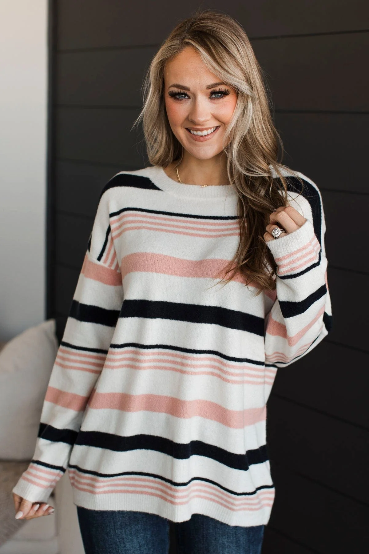 Magic In The Air Striped Sweater- Ivory, Dark Navy, & Pink - Image 2