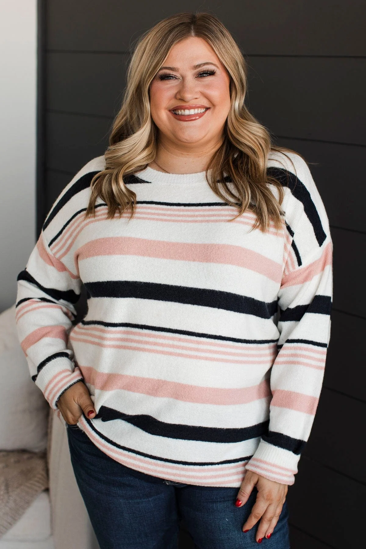 Magic In The Air Striped Sweater- Ivory, Dark Navy, & Pink - Image 3