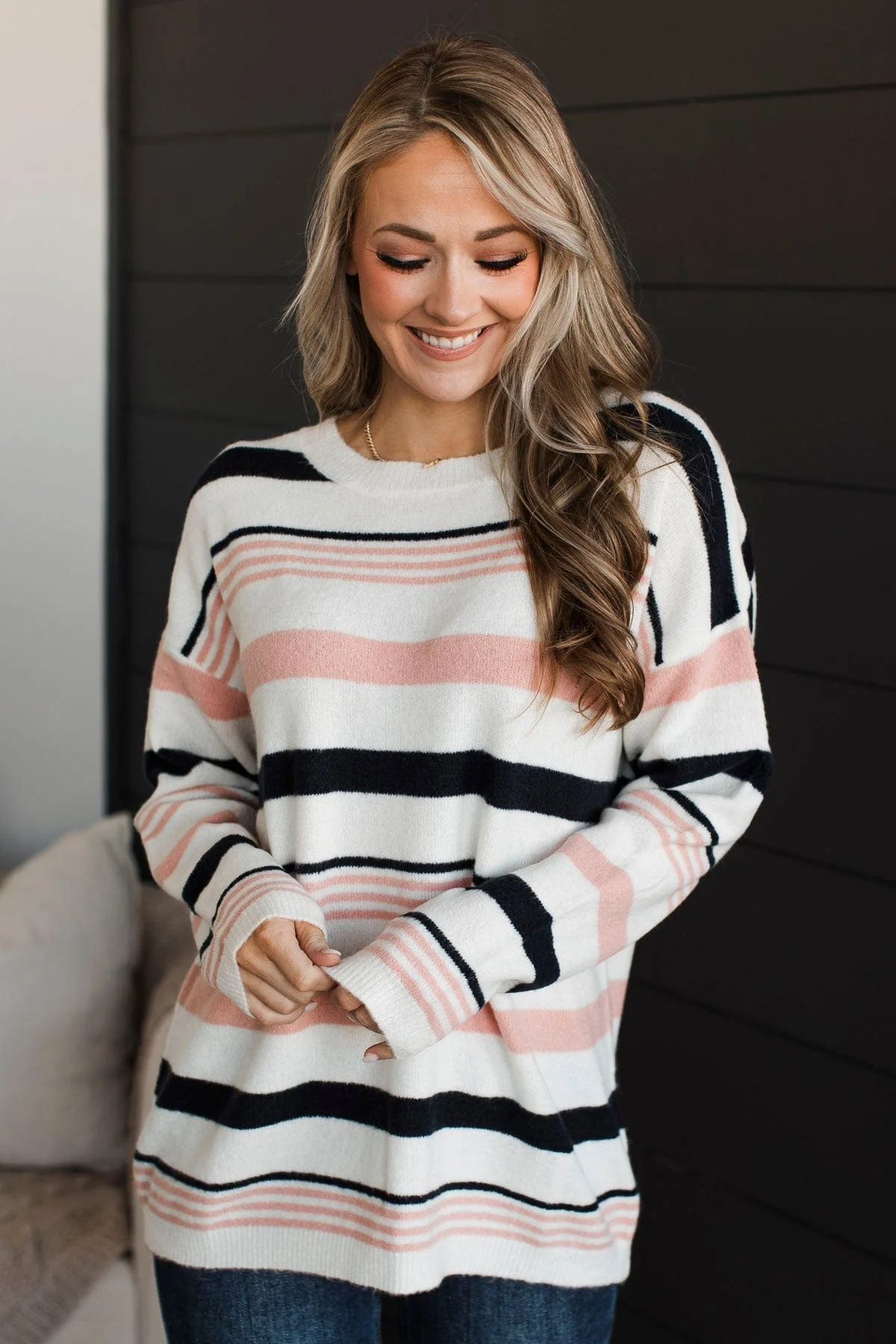 Magic In The Air Striped Sweater- Ivory, Dark Navy, & Pink - Image 4