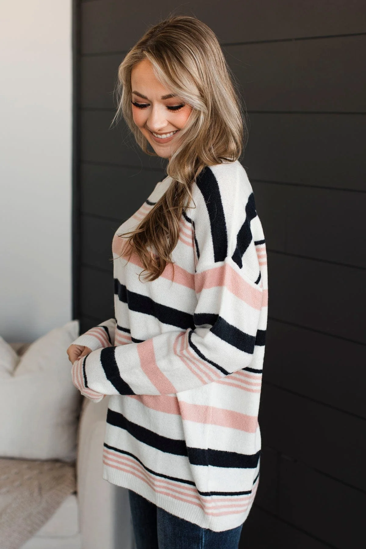 Magic In The Air Striped Sweater- Ivory, Dark Navy, & Pink - Image 6