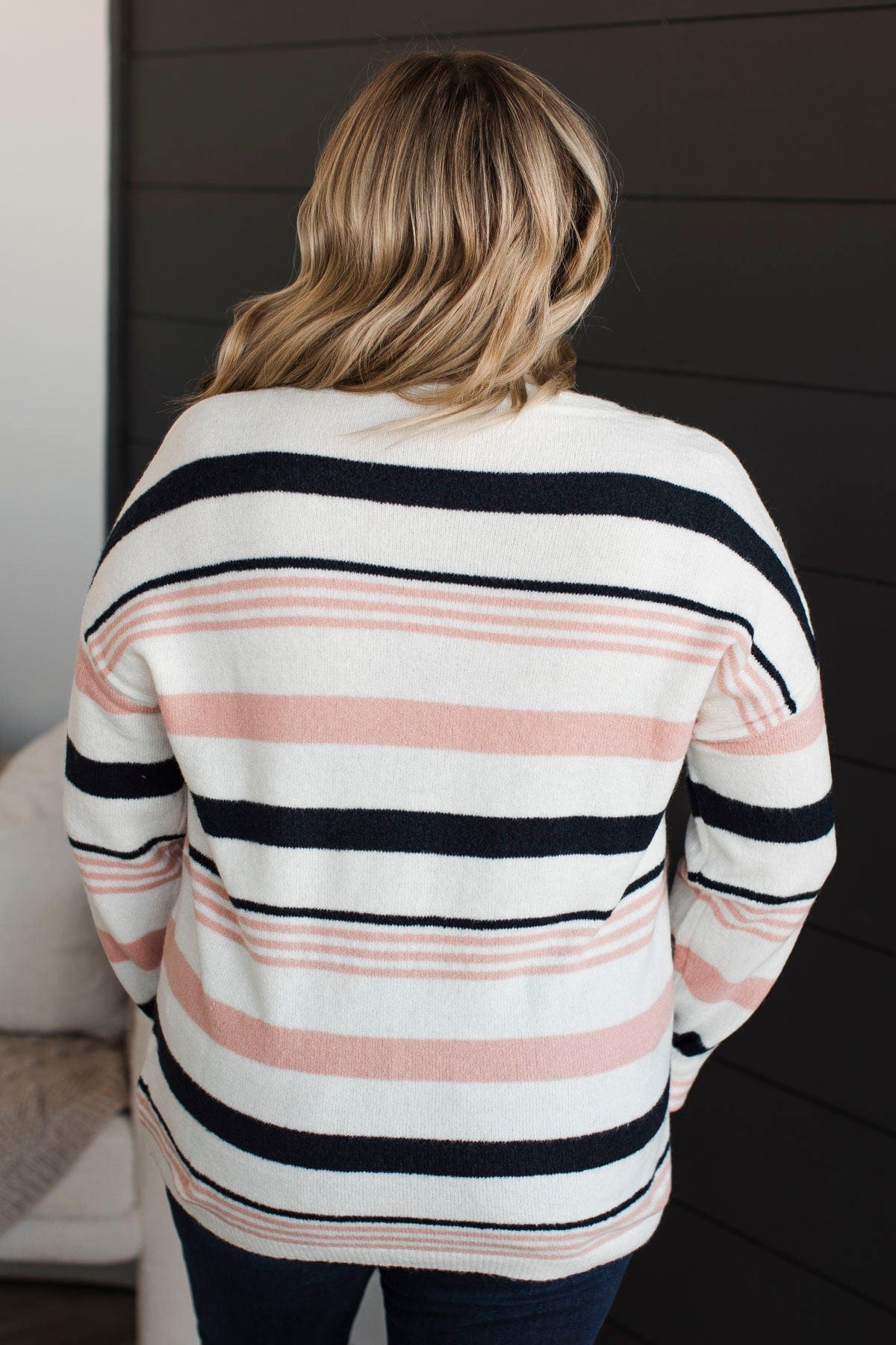 Magic In The Air Striped Sweater- Ivory, Dark Navy, & Pink - Image 7