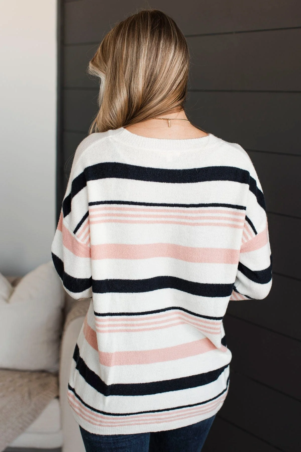 Magic In The Air Striped Sweater- Ivory, Dark Navy, & Pink - Image 8