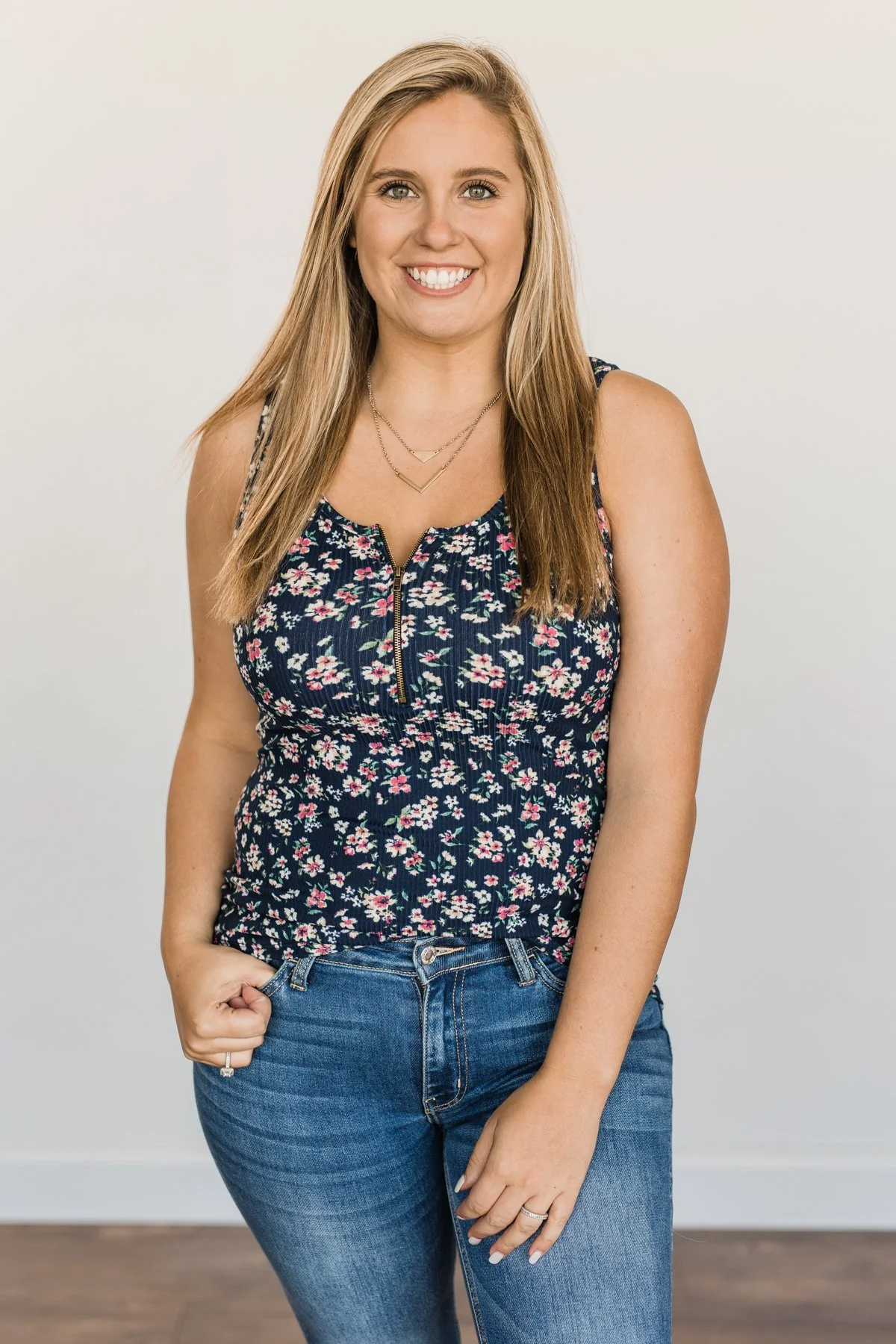Magical Mornings Zipper Henley Tank Top- Navy - Image 2