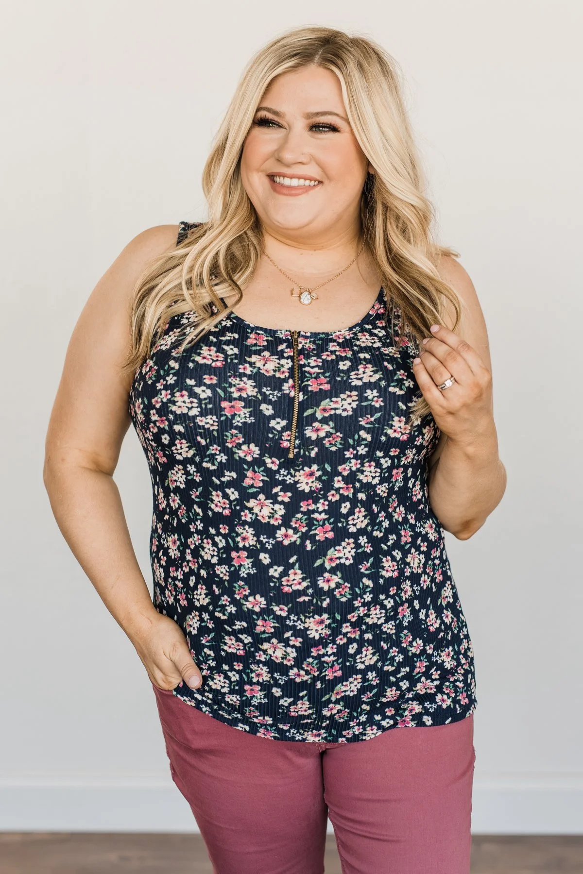 Magical Mornings Zipper Henley Tank Top- Navy - Image 3