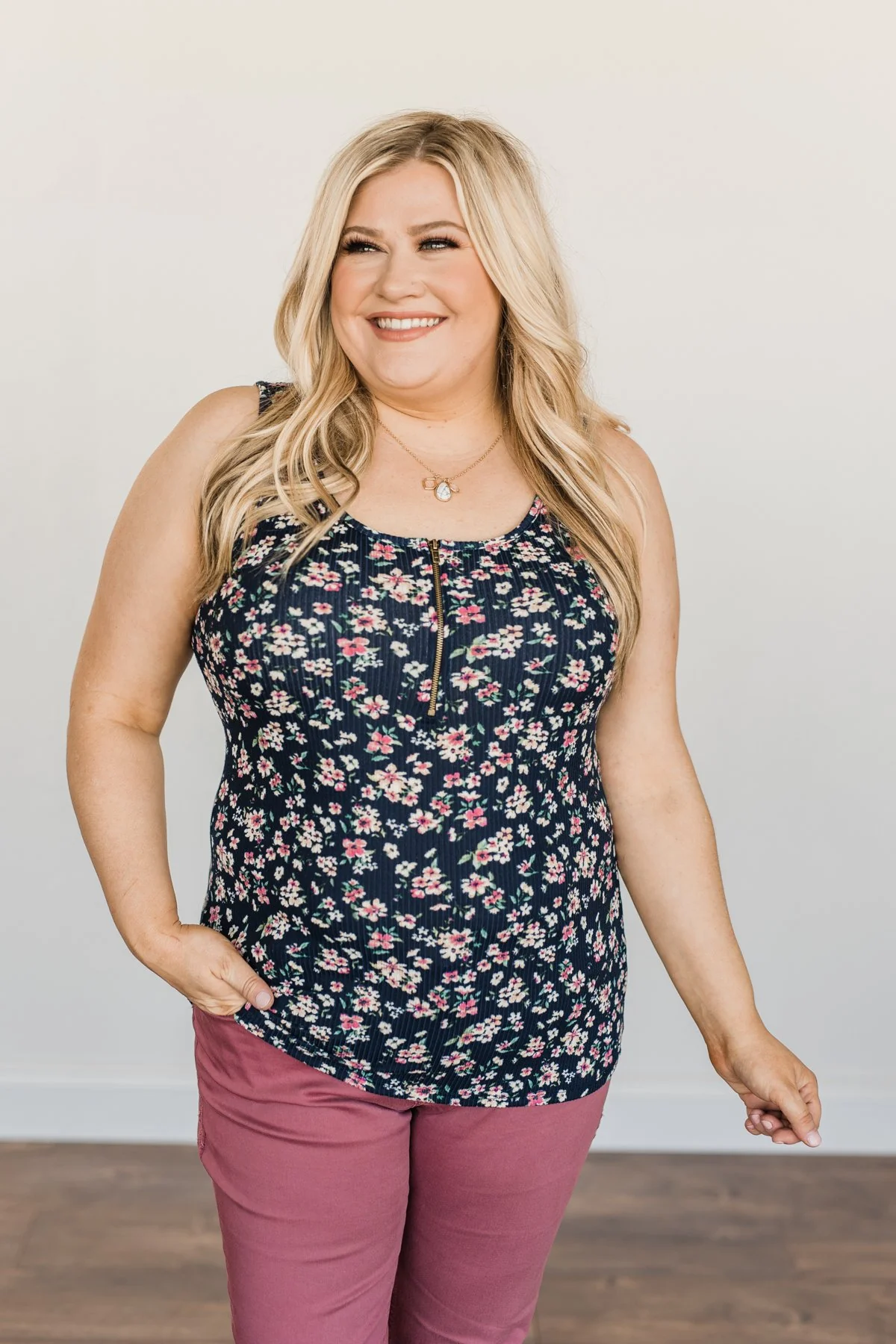 Magical Mornings Zipper Henley Tank Top- Navy - Image 7