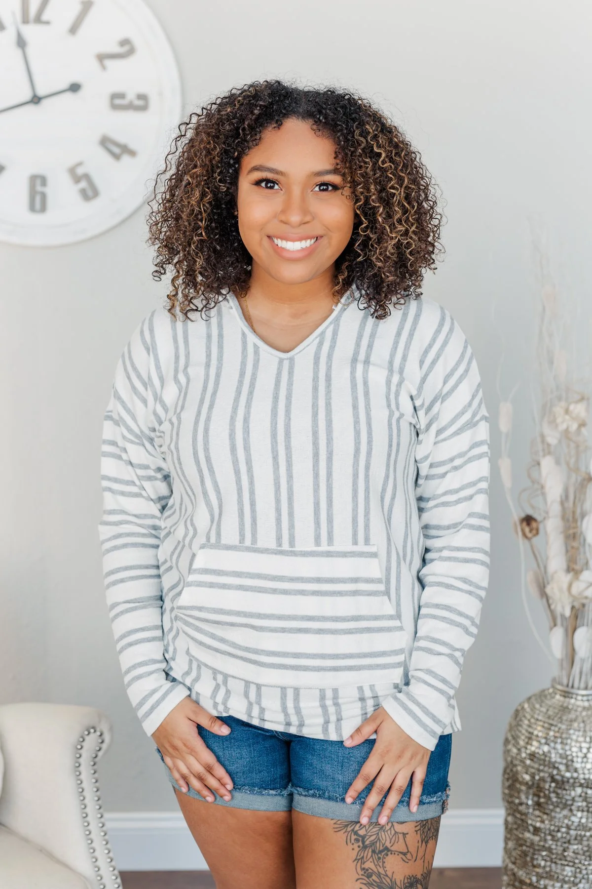Magnificent Mornings Striped Hoodie- Charcoal - Image 7