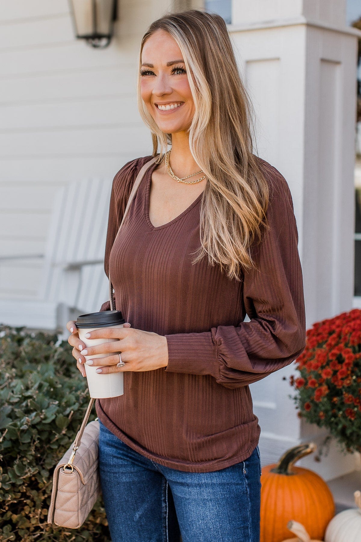 Majestic Memories Ribbed Knit Top- Chocolate - Image 3
