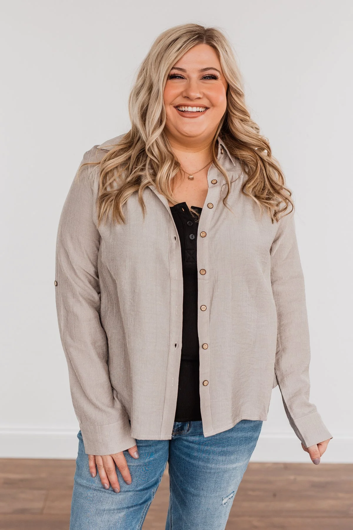Majestic Moments Button Top- Taupe - Image 2