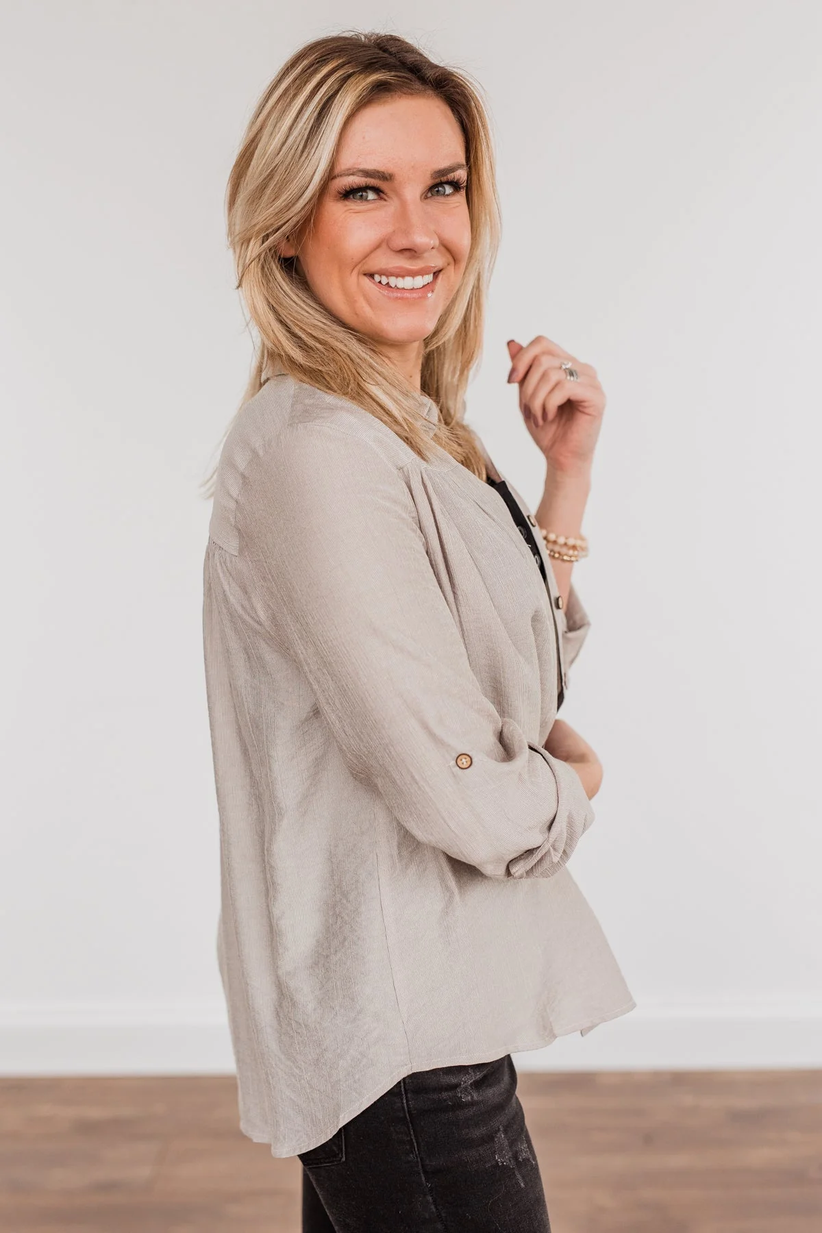 Majestic Moments Button Top- Taupe - Image 5