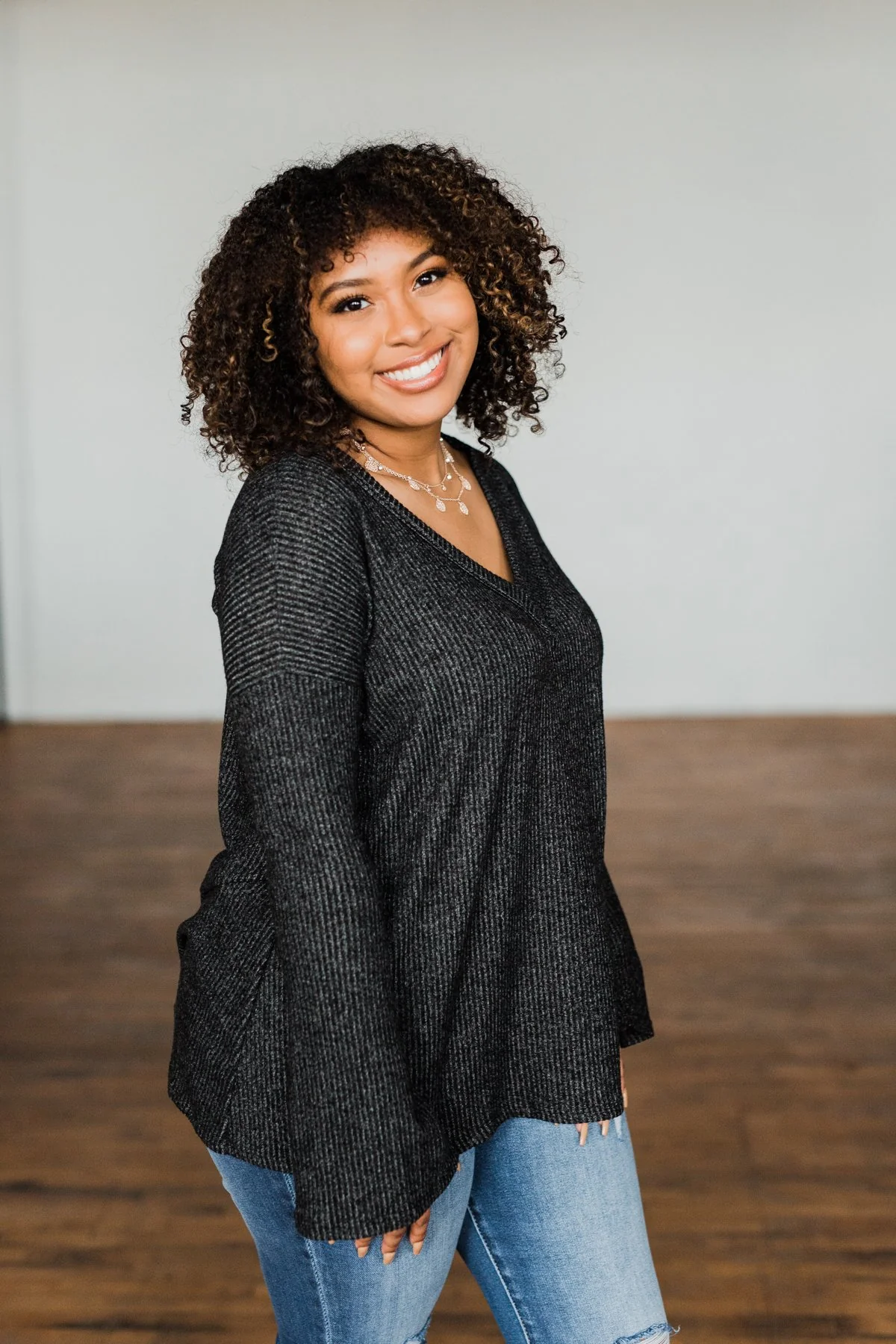 Majestic Mornings Knit V-Neck Sweater- Charcoal - Image 11