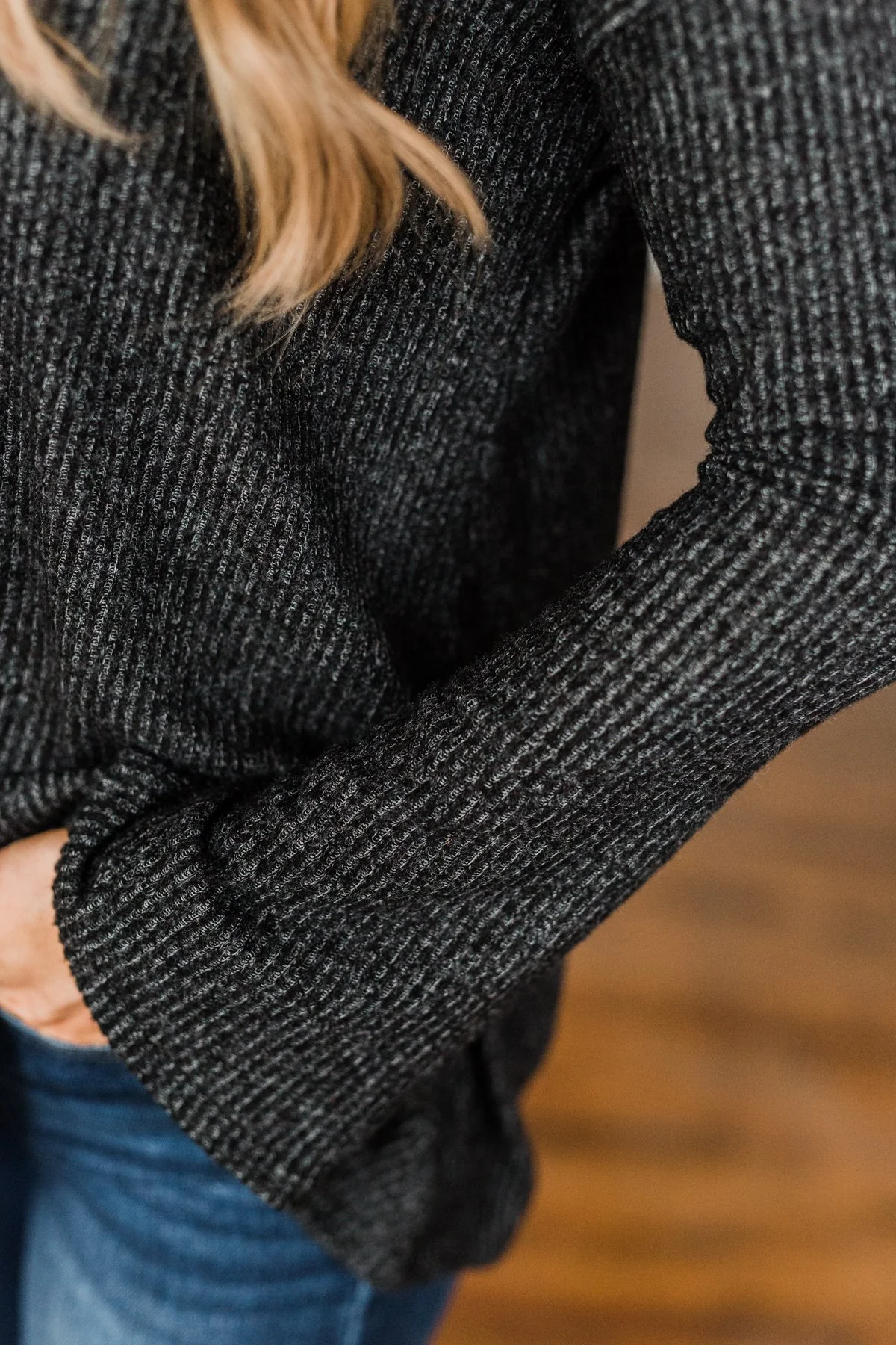 Majestic Mornings Knit V-Neck Sweater- Charcoal - Image 4