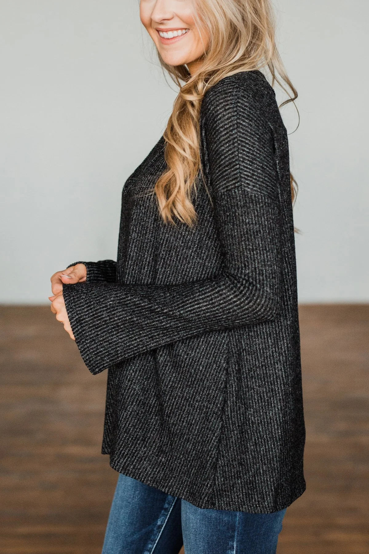 Majestic Mornings Knit V-Neck Sweater- Charcoal - Image 9