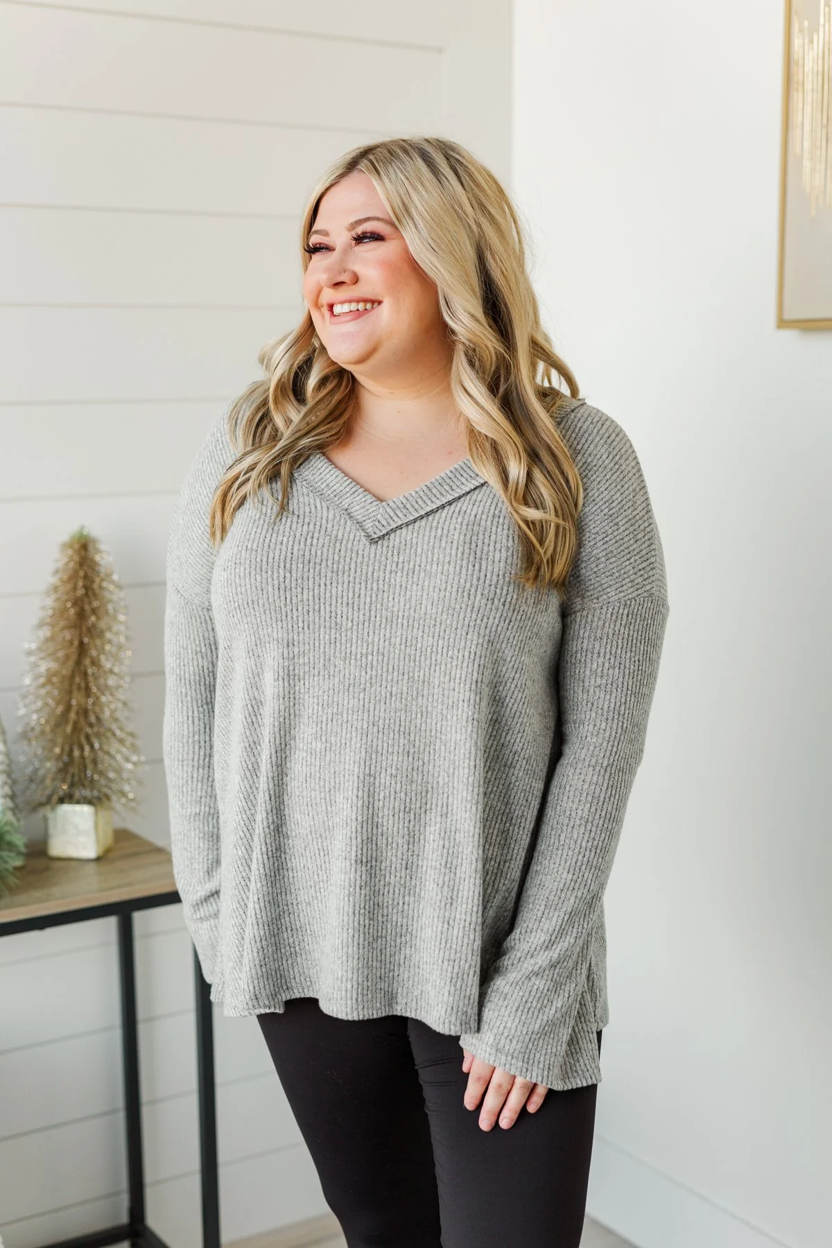 Majestic Mornings Knit V-Neck Sweater- Grey - Image 2