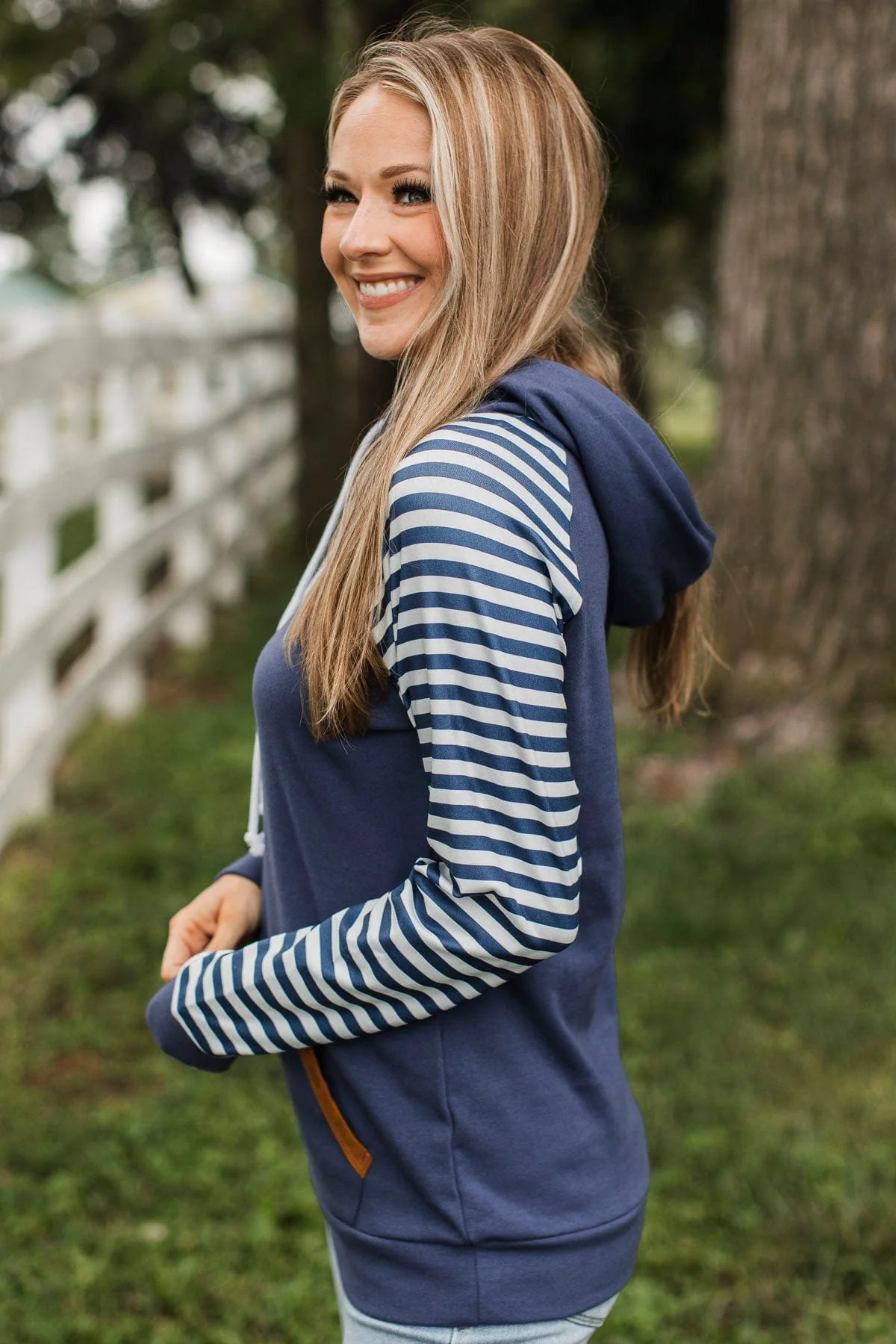 Major Impression Striped Drawstring Hoodie- Navy - Image 6