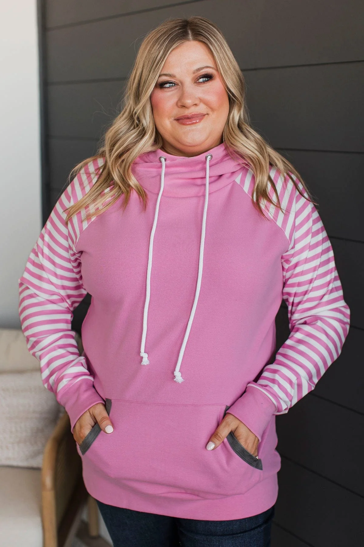 Major Impression Striped Drawstring Hoodie- Pink - Image 2