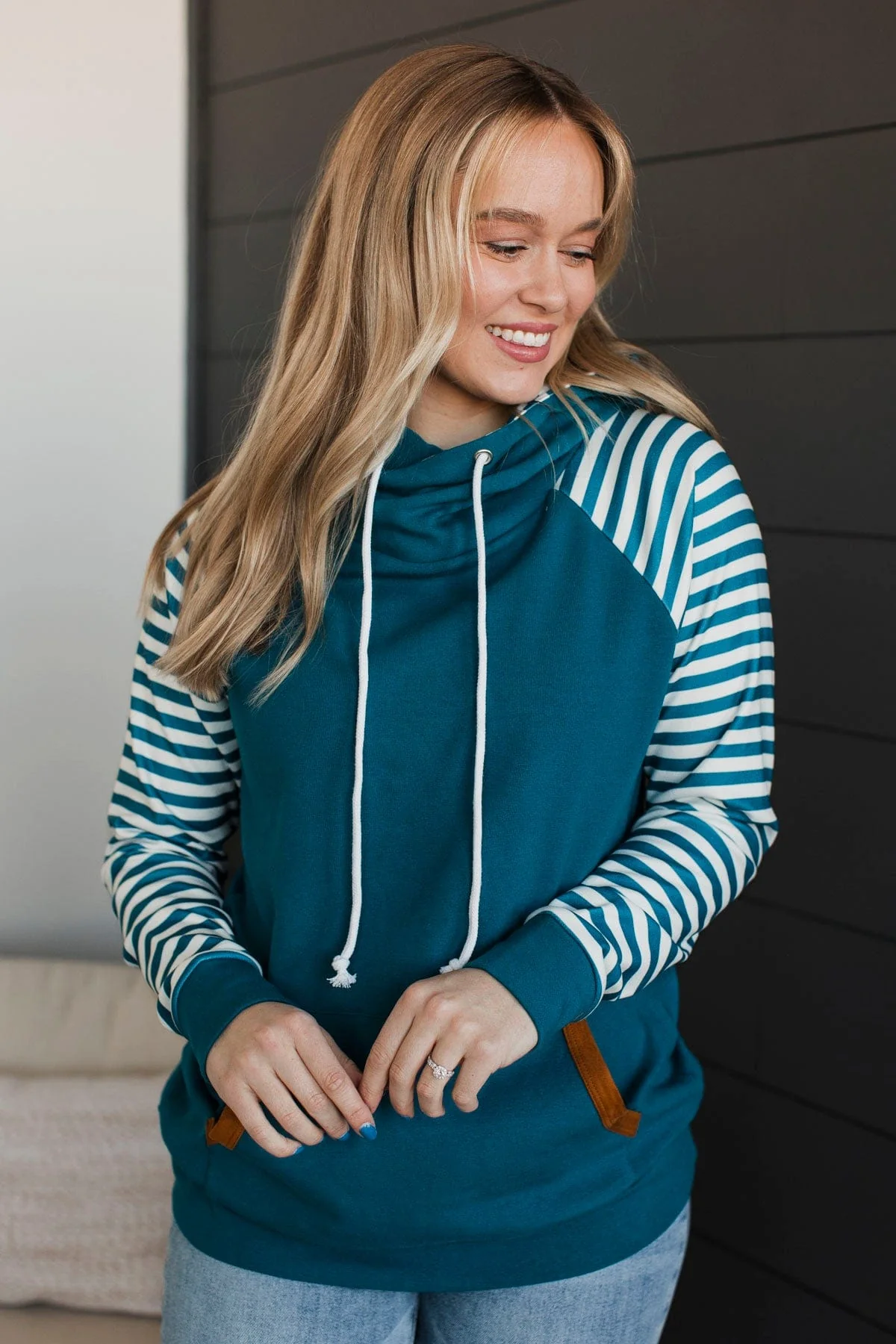 Major Impression Striped Drawstring Hoodie- Teal - Image 2