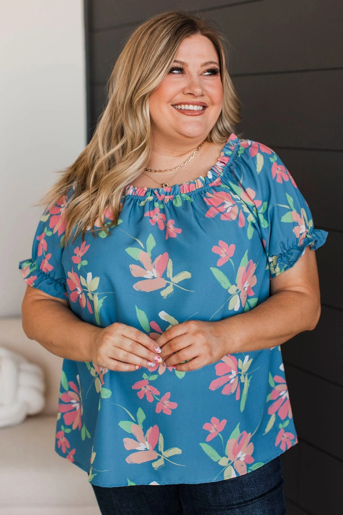 Major Perfection Floral Top- Denim Blue
