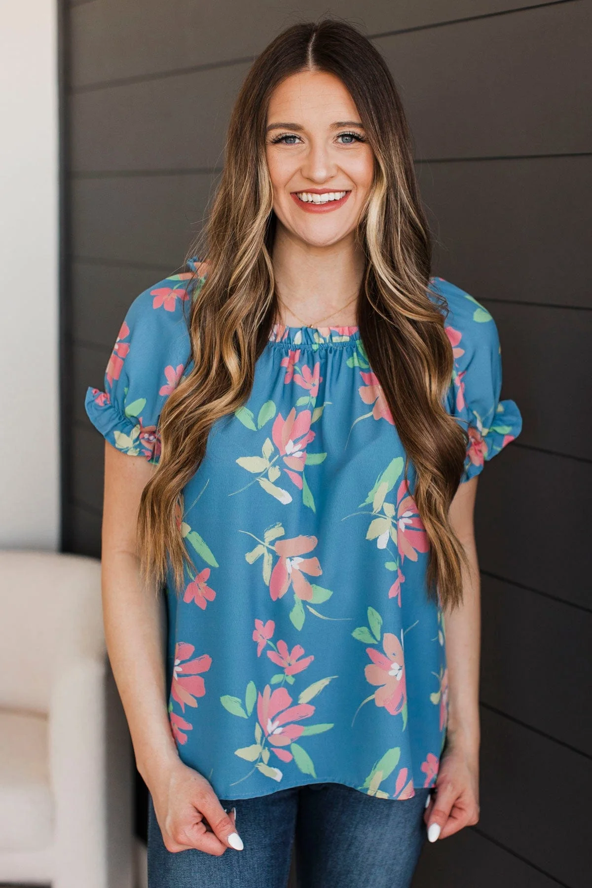 Major Perfection Floral Top- Denim Blue - Image 2
