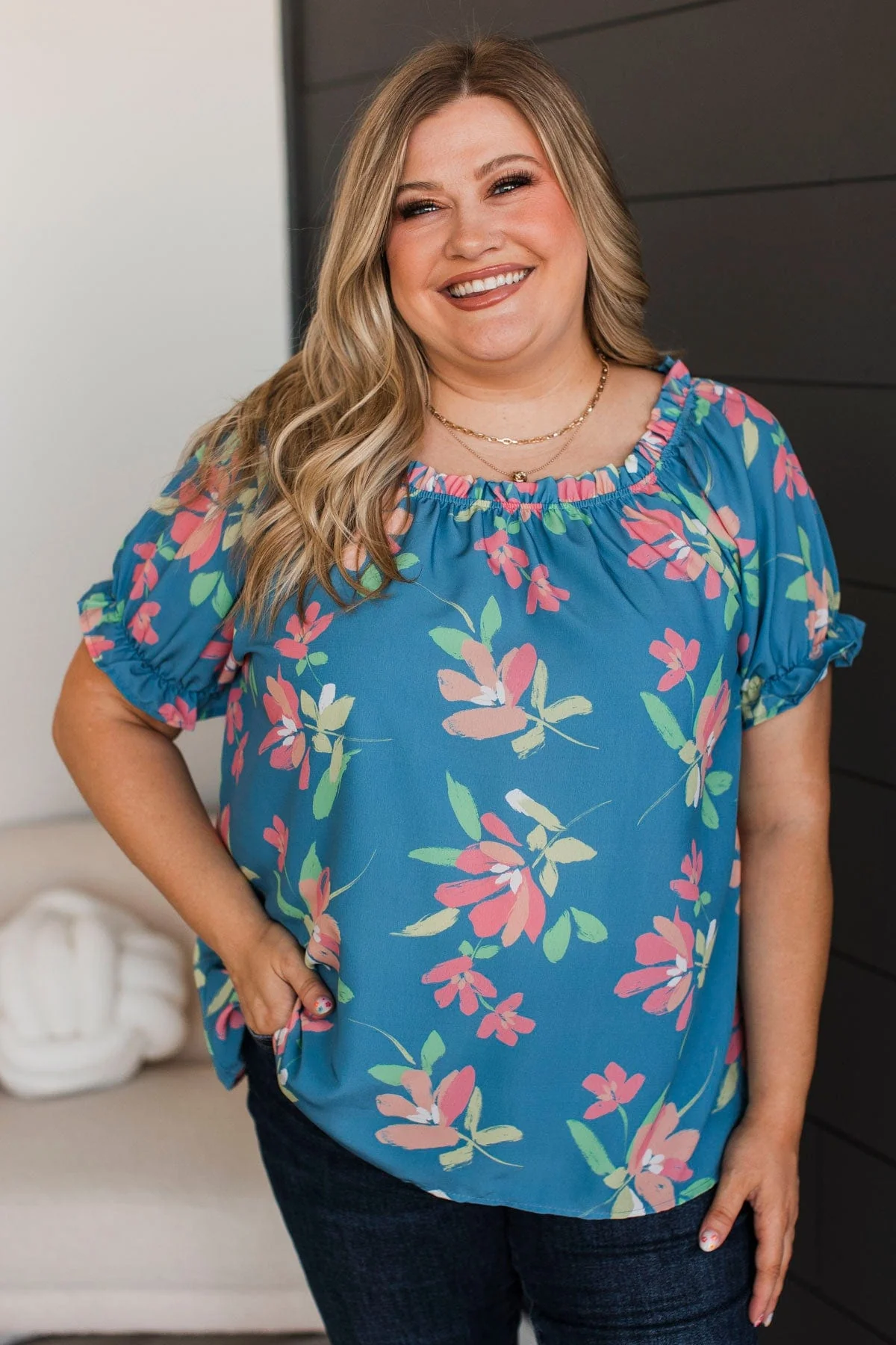 Major Perfection Floral Top- Denim Blue - Image 3