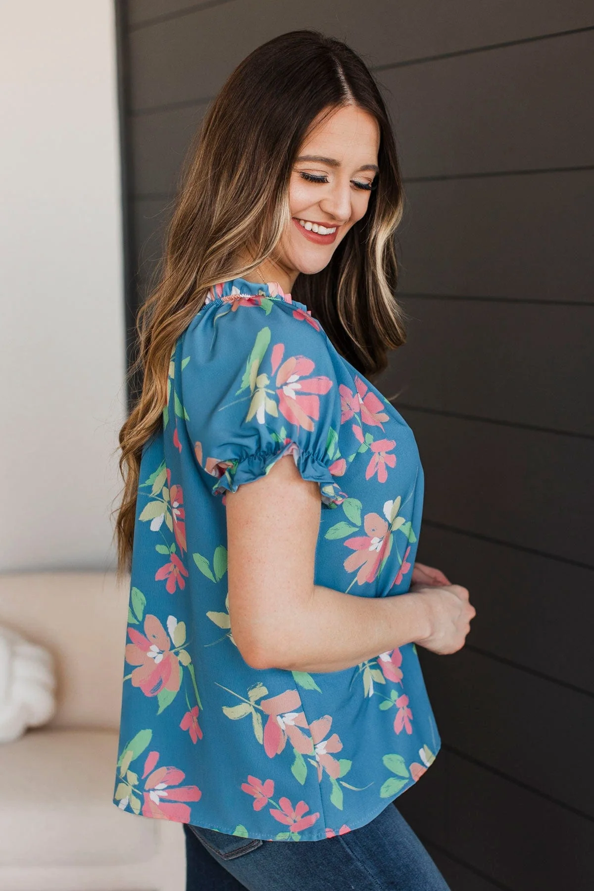 Major Perfection Floral Top- Denim Blue - Image 6
