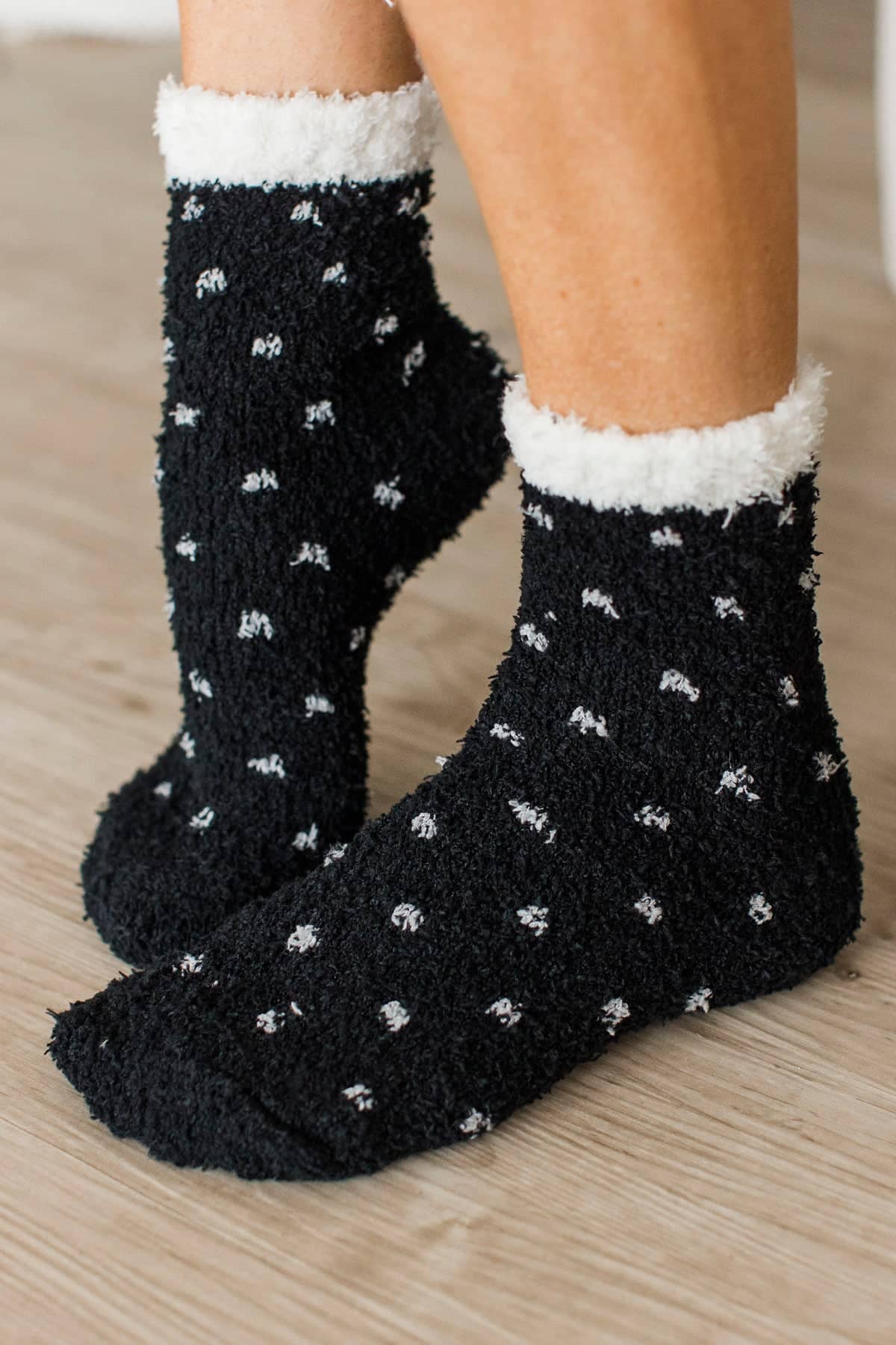 Majorly Cozy Fuzzy Knit Socks- Black Spots