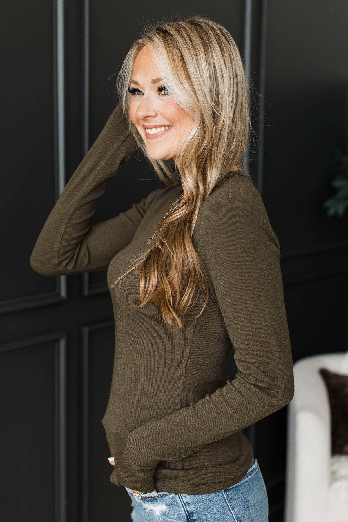 Majorly Impressive Ribbed Long Sleeve Top- Dark Olive - Image 5