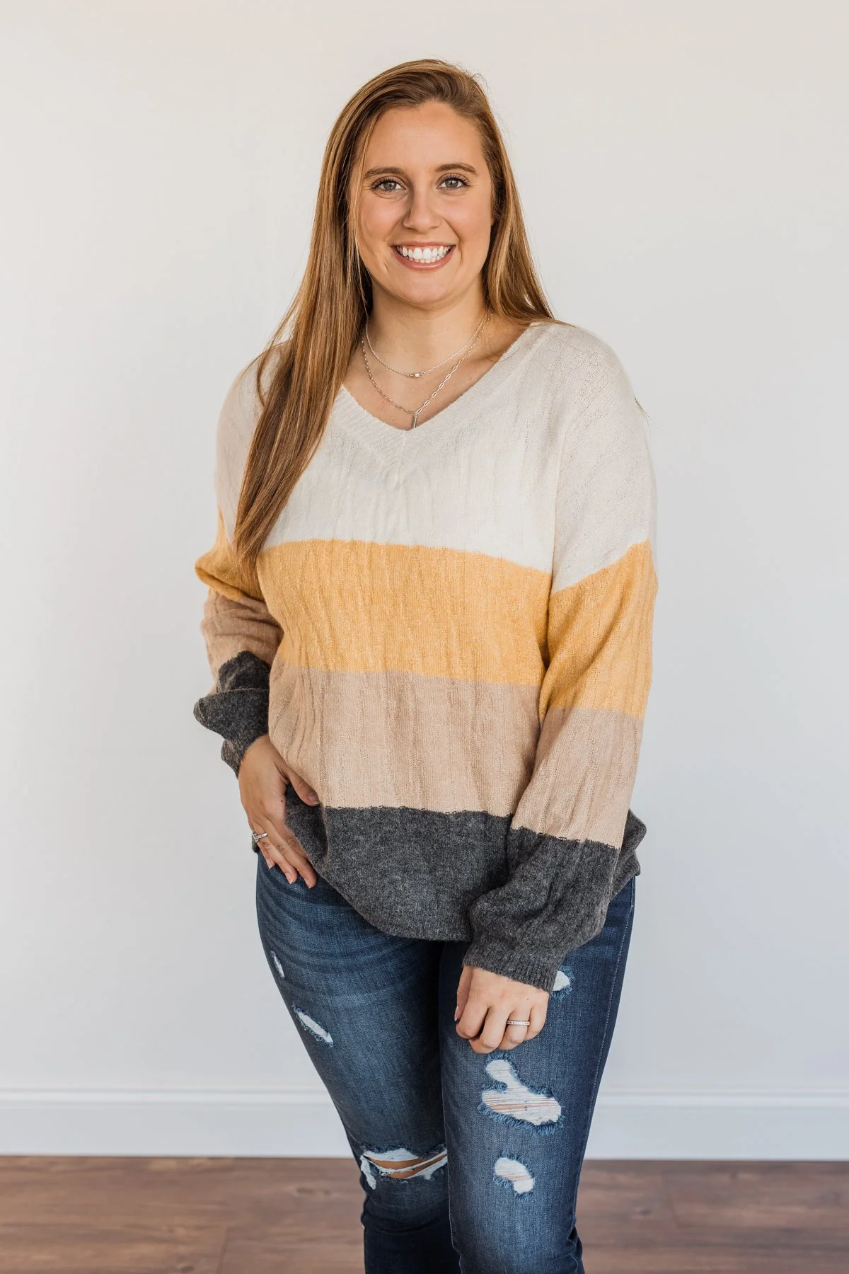 Make A Scene V-Neck Sweater- Cream, Marigold, Taupe, & Charcoal - Image 3