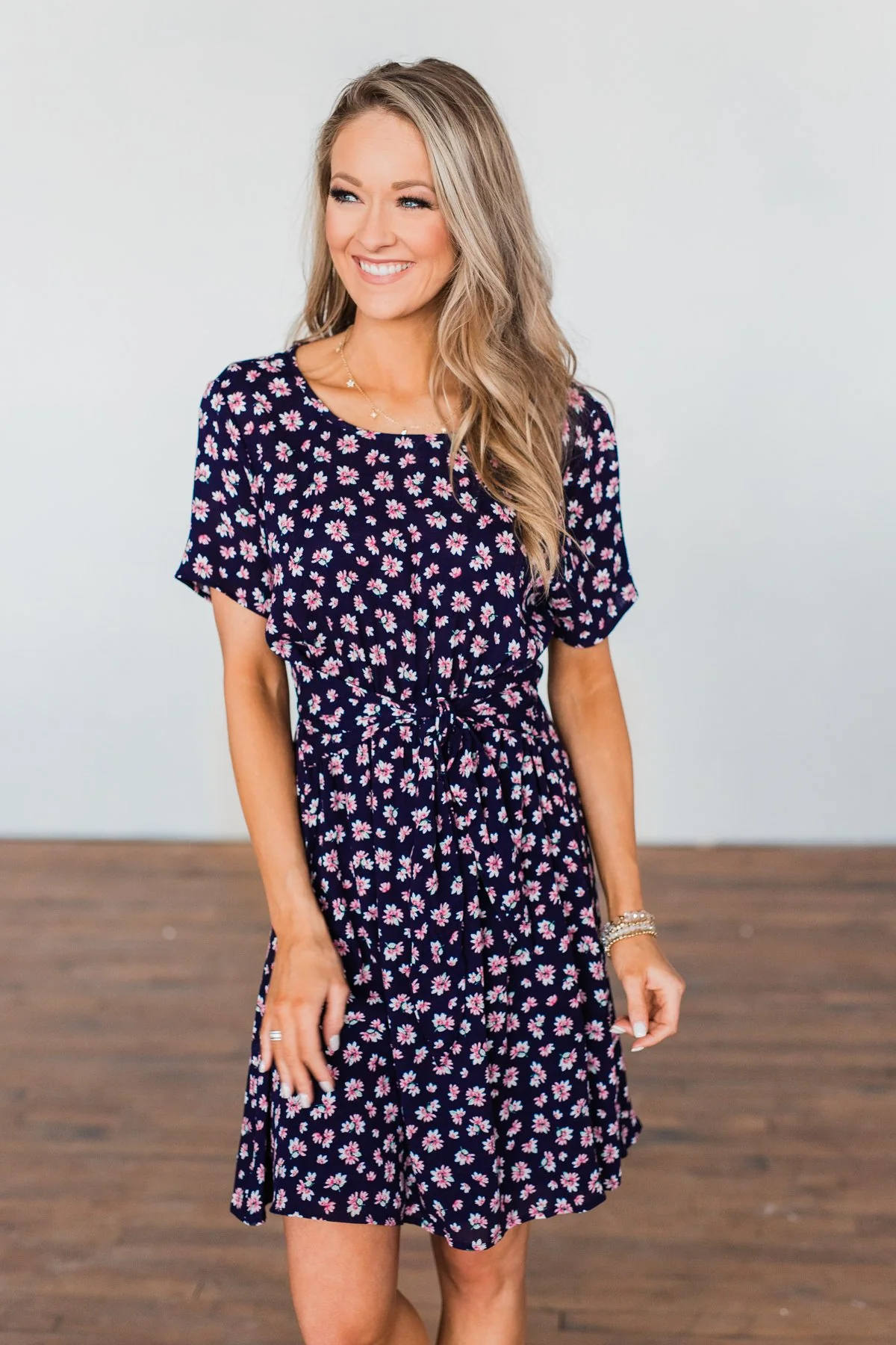 Make A Way Floral Short Sleeve Dress- Navy - Image 3