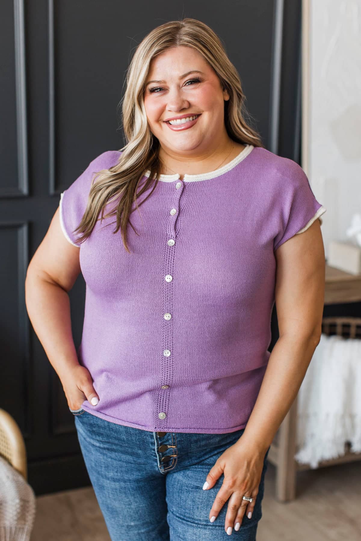 Make It Better Short Sleeve Button Knit Top- Lavender - Image 4