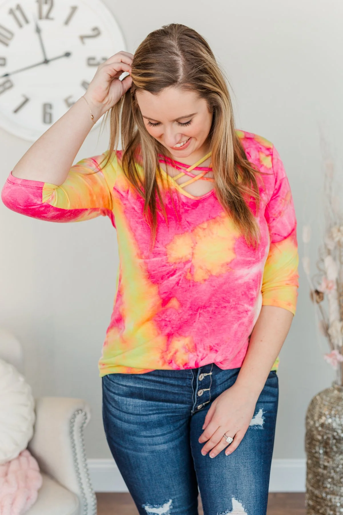 Make It Fun Criss-Cross Top- Bright Pink, Yellow, & Ivory - Image 6