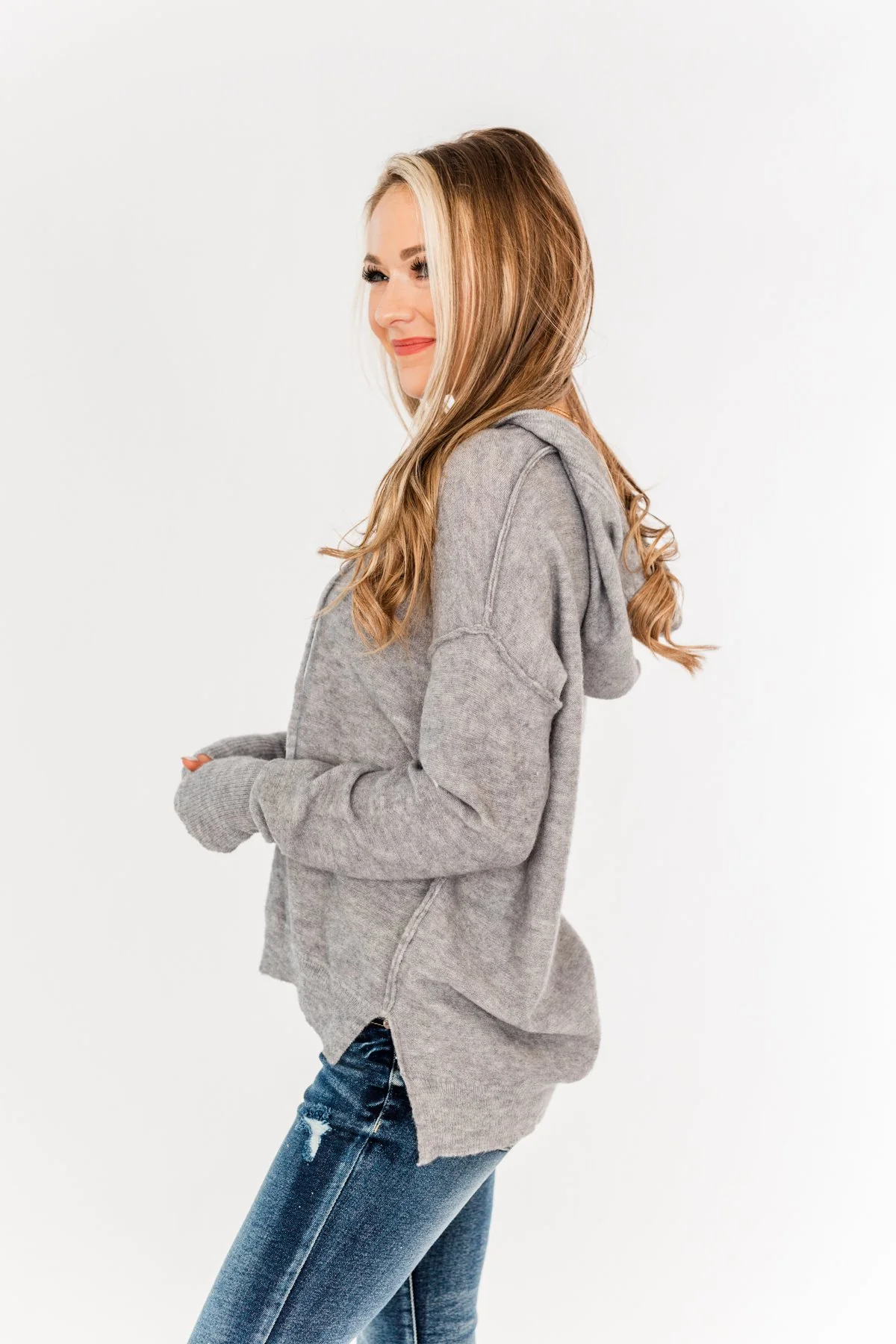 Make It Happen Hooded Henley Knit Top- Heather Grey - Image 10