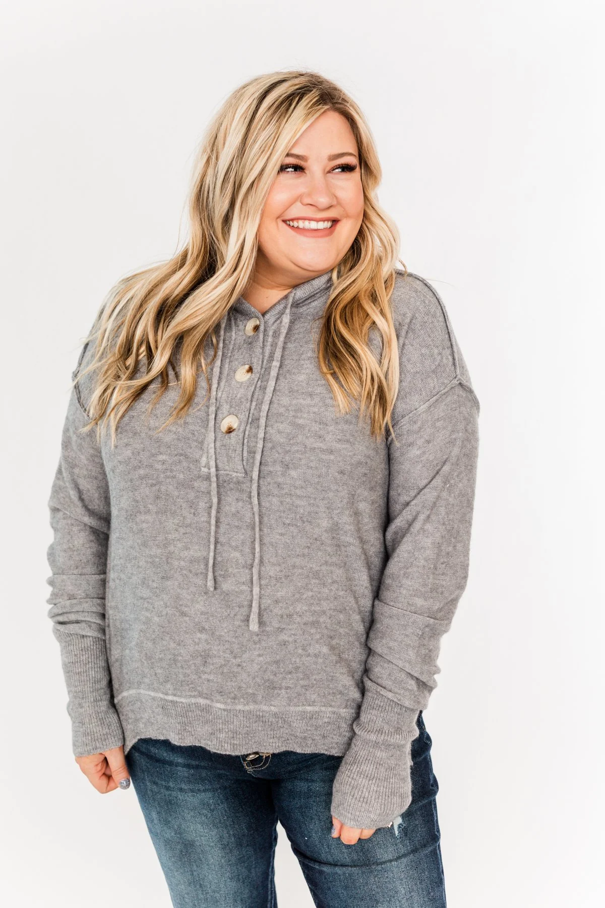 Make It Happen Hooded Henley Knit Top- Heather Grey - Image 5