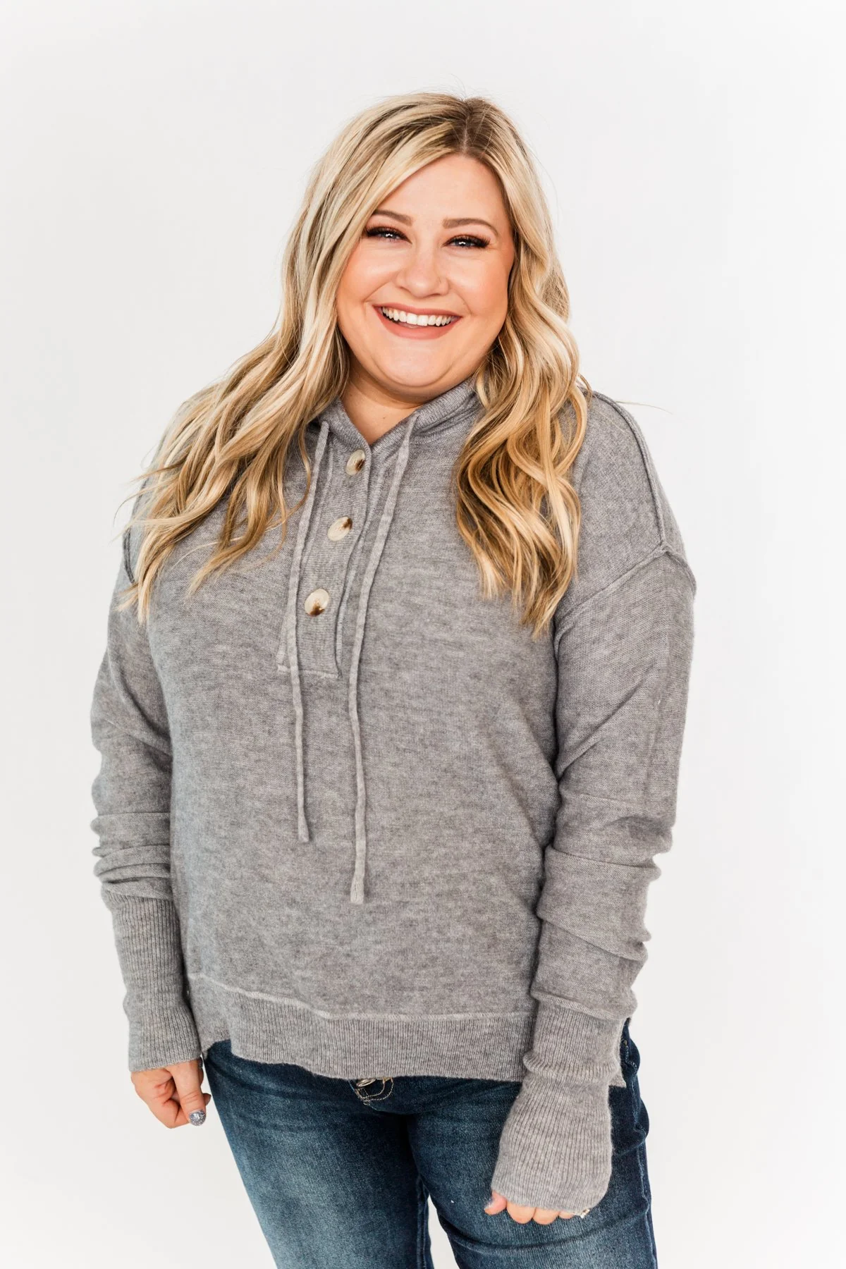 Make It Happen Hooded Henley Knit Top- Heather Grey - Image 8