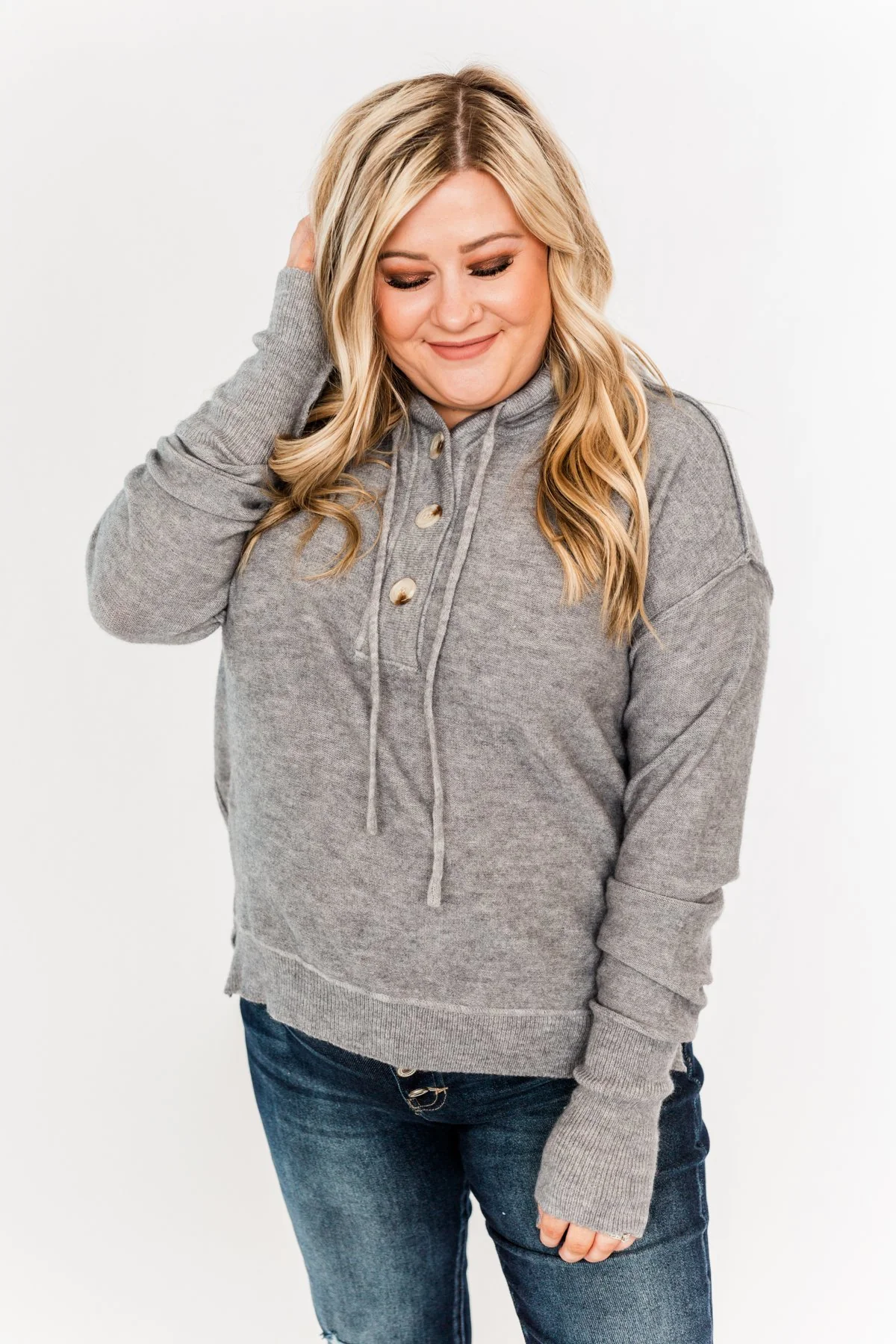 Make It Happen Hooded Henley Knit Top- Heather Grey - Image 9