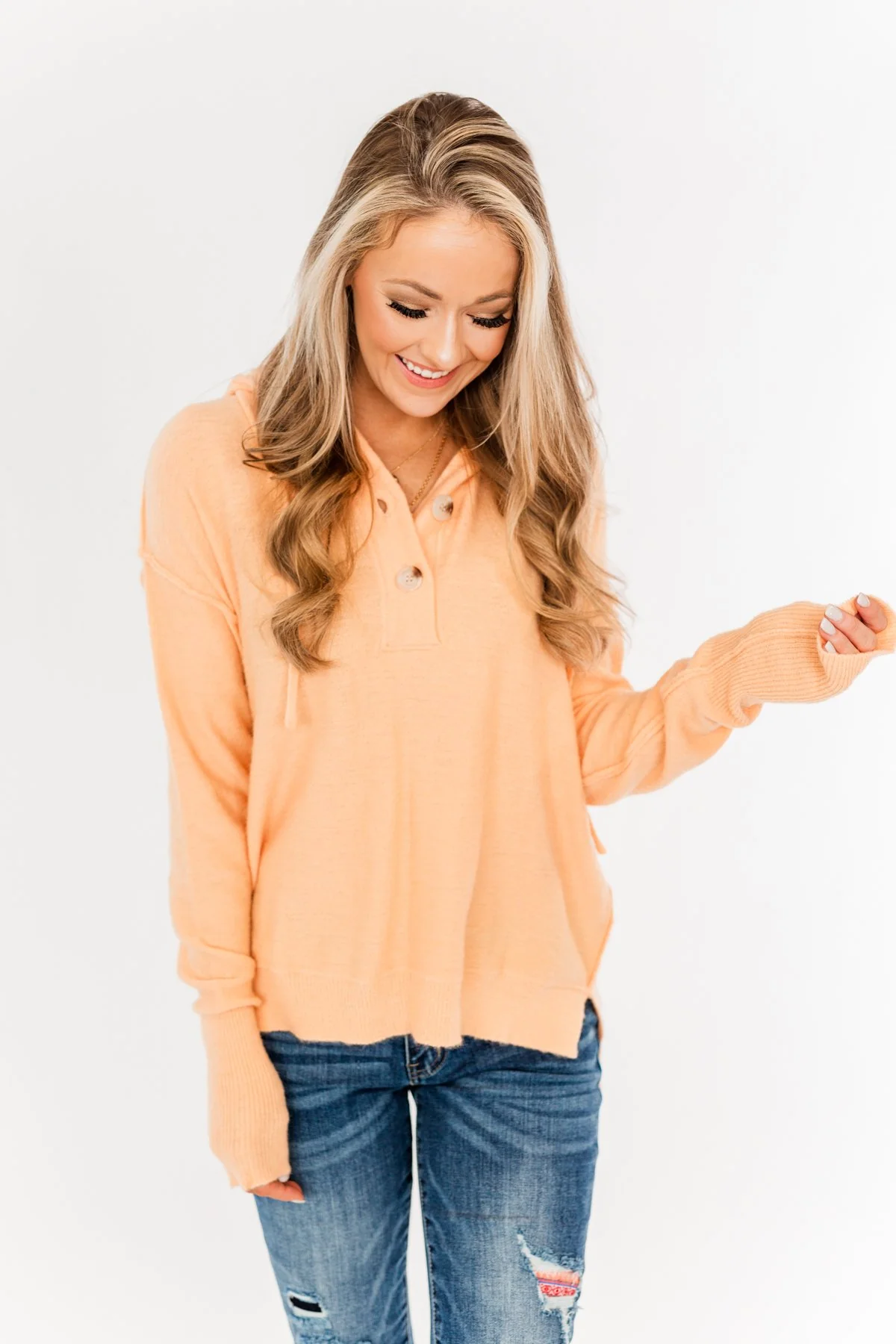 Make It Happen Hooded Henley Knit Top- Orange Sherbet - Image 11