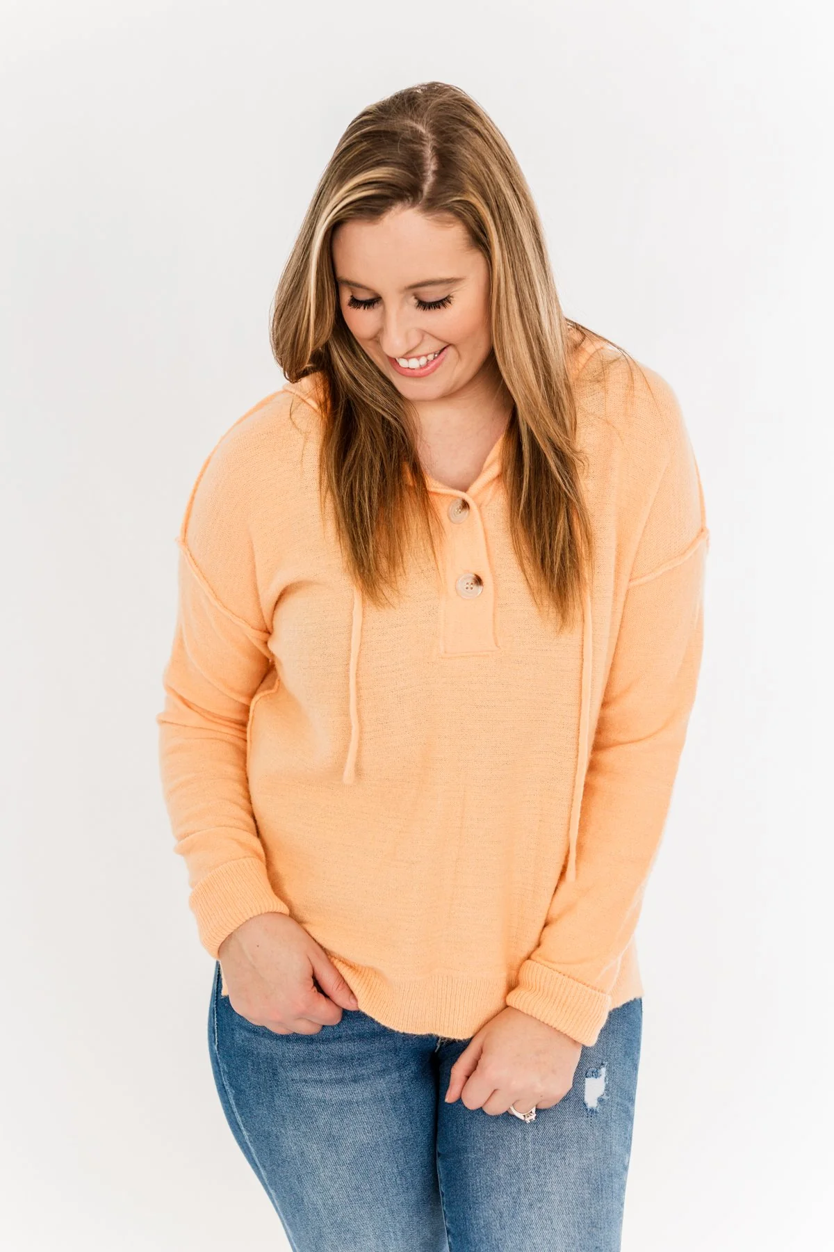 Make It Happen Hooded Henley Knit Top- Orange Sherbet - Image 6
