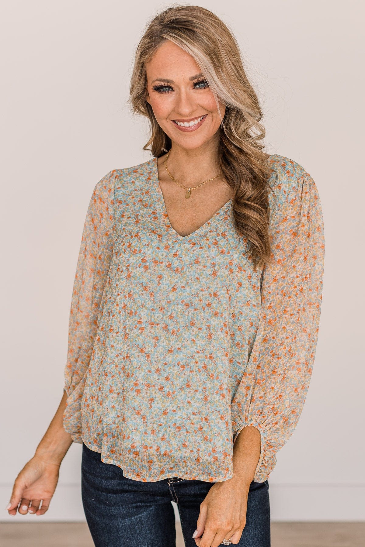 Make It Memorable Floral Blouse- Dusty Blue & Light Yellow