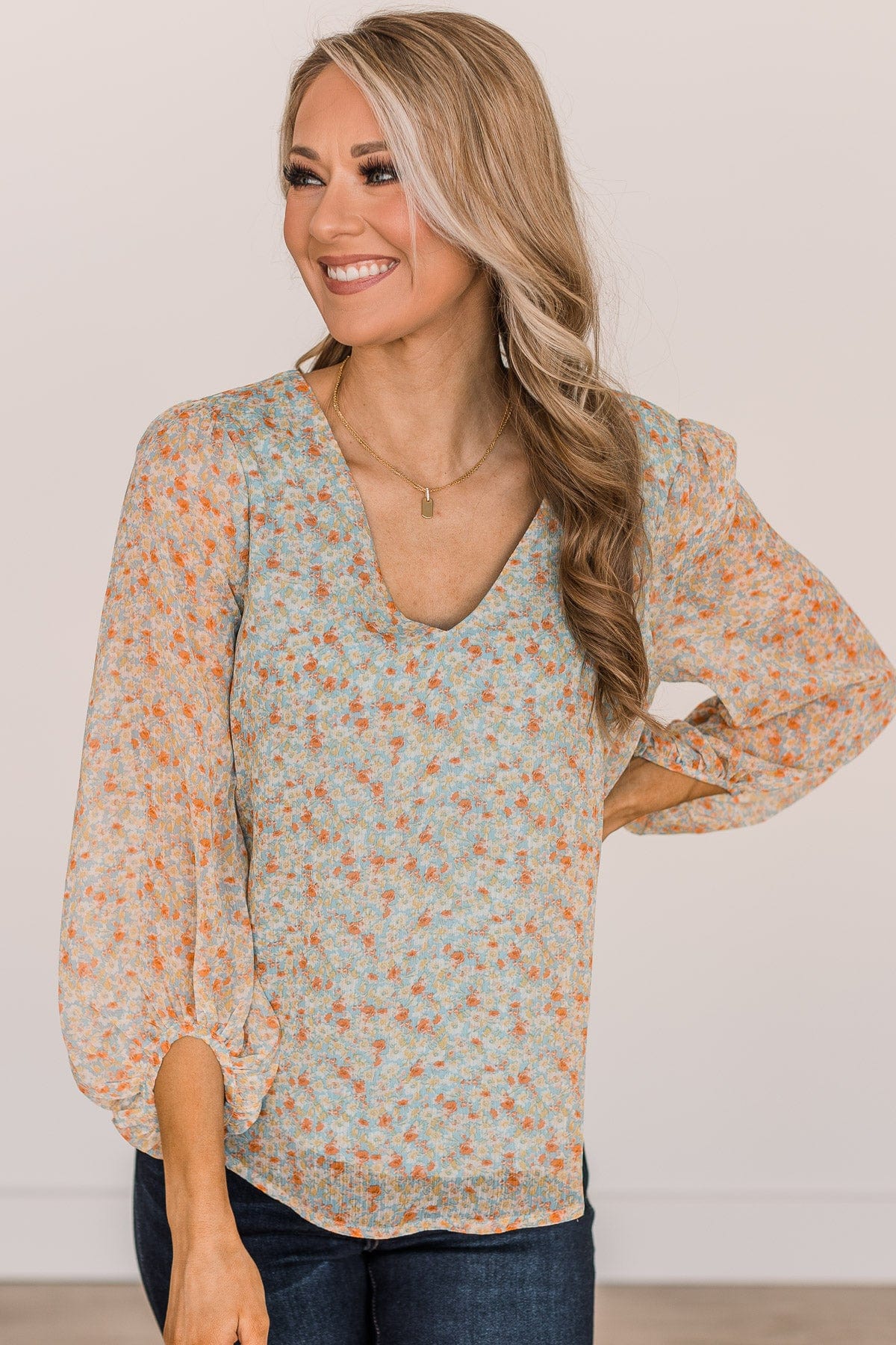 Make It Memorable Floral Blouse- Dusty Blue & Light Yellow - Image 3
