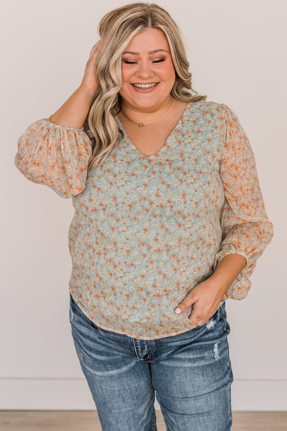 Make It Memorable Floral Blouse- Dusty Blue & Light Yellow - Image 4