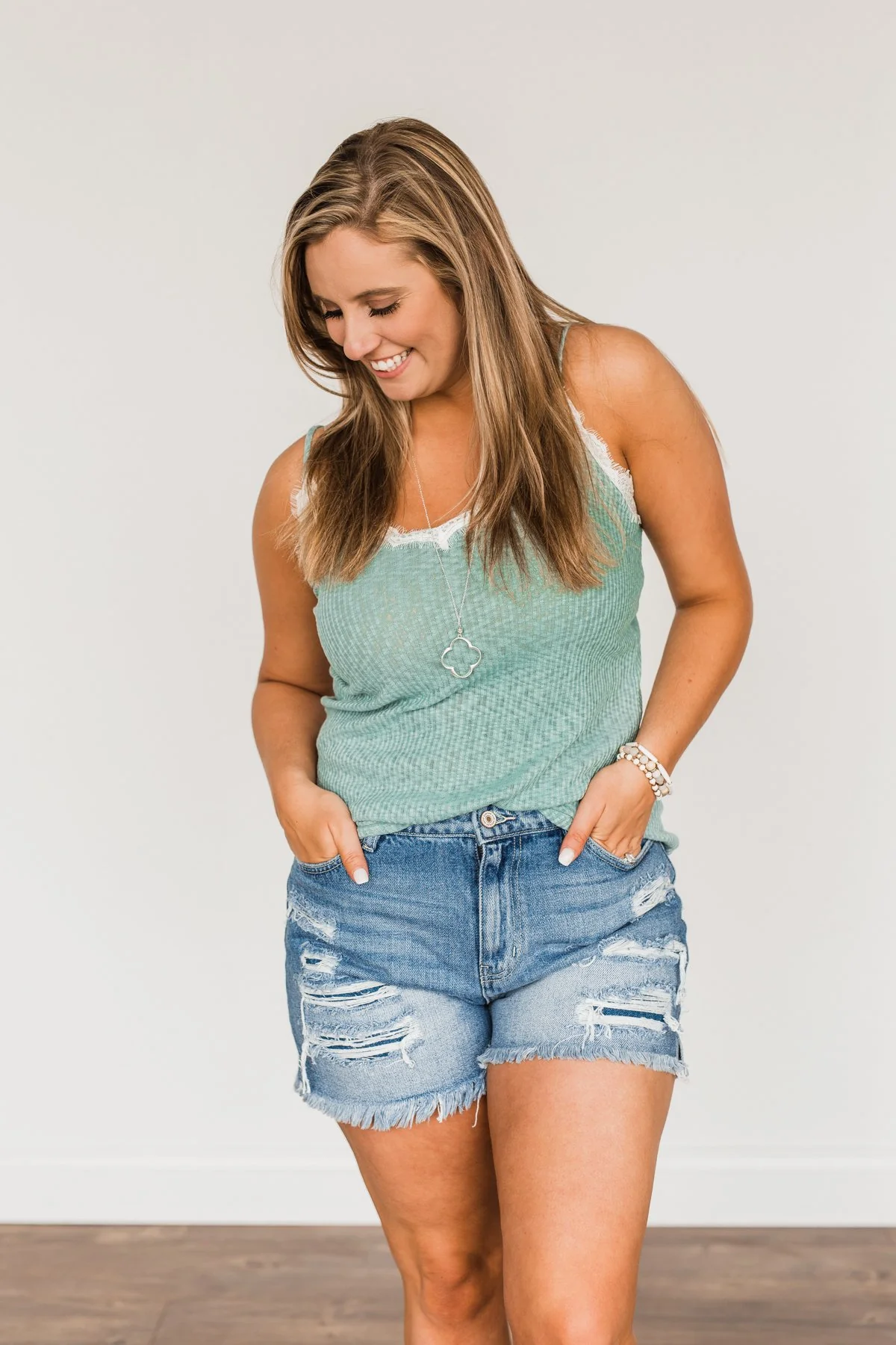 Make Life Beautiful Lace Knit Tank Top- Dusty Teal - Image 6