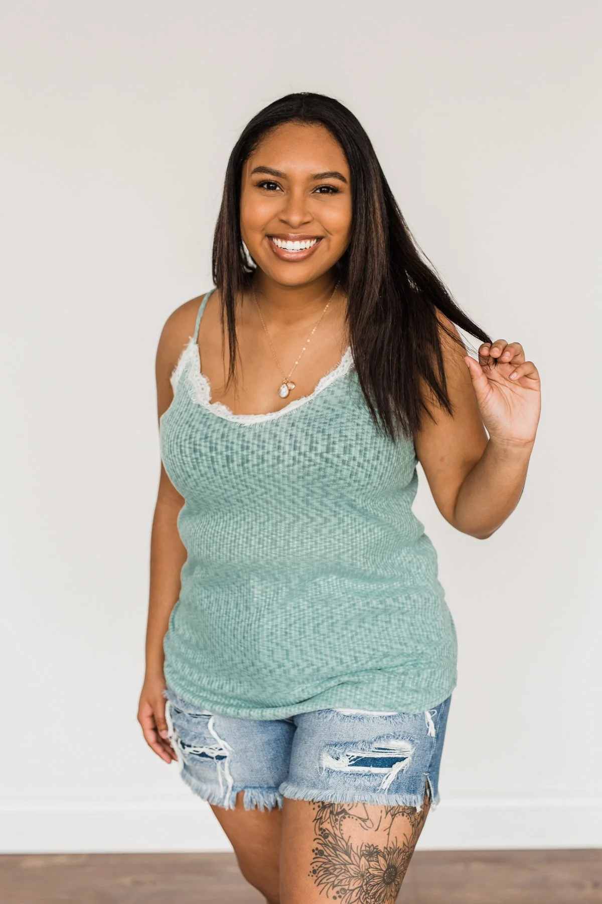 Make Life Beautiful Lace Knit Tank Top- Dusty Teal - Image 7