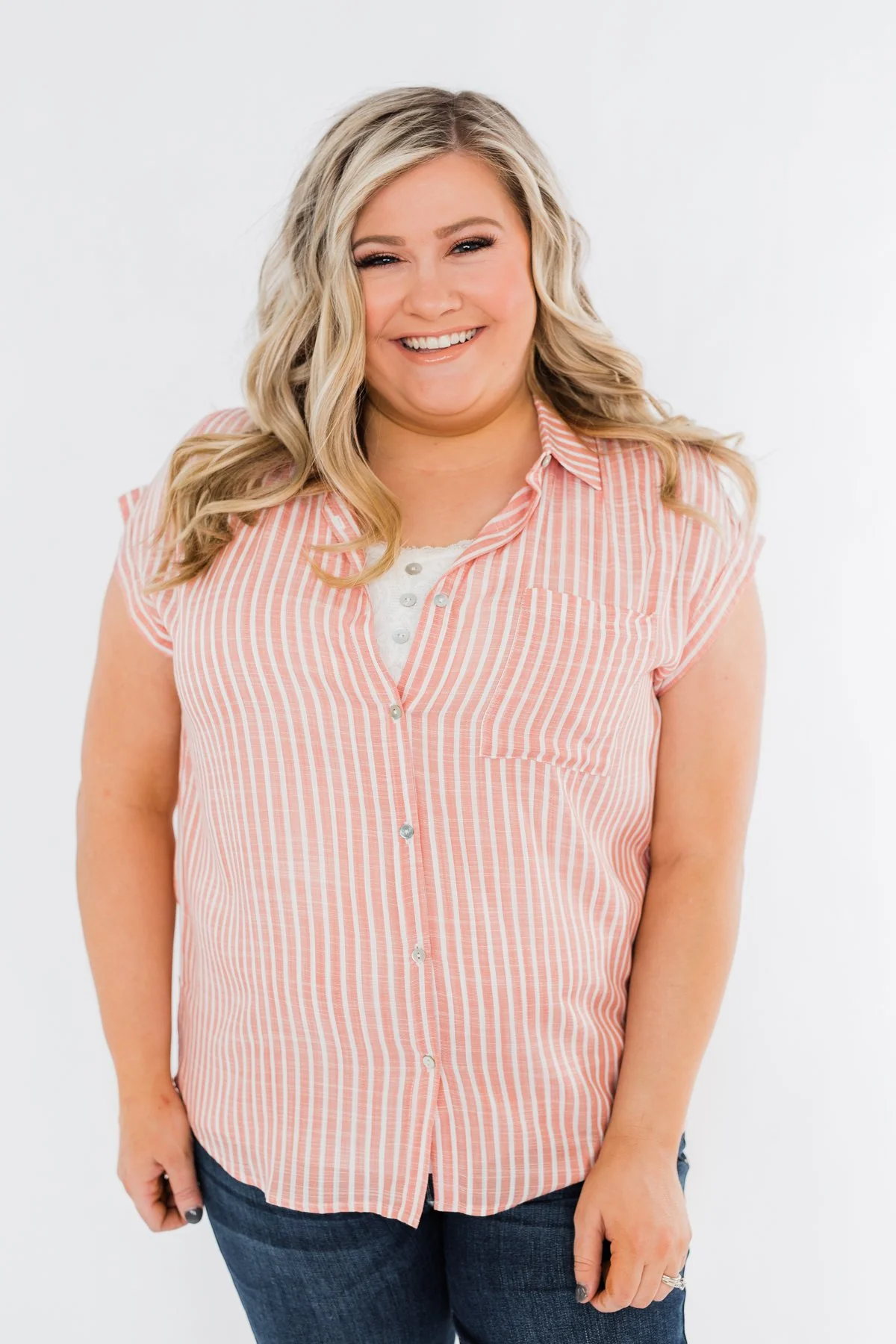 Make Living Fun Striped Button Top- Peach - Image 2