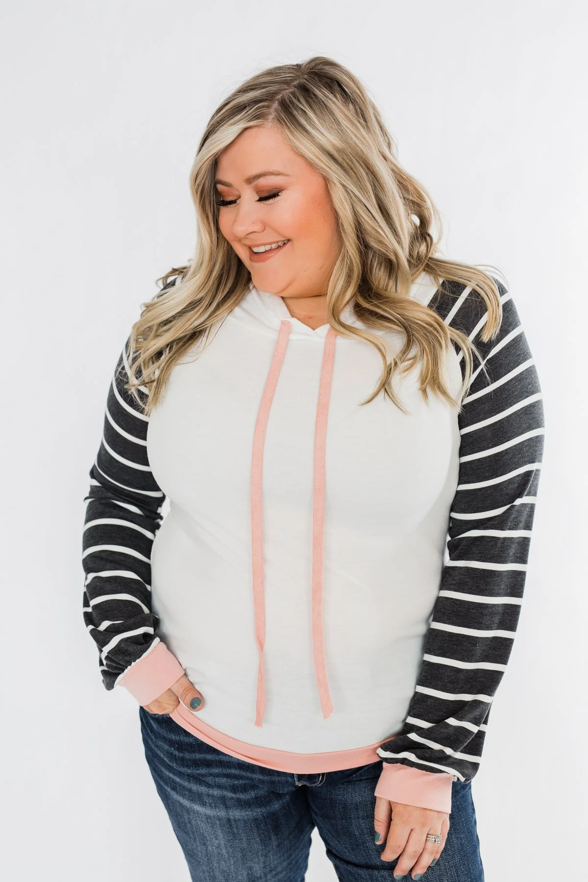 Make Me Blush Striped Hoodie- Ivory, Charcoal, & Blush - Image 6