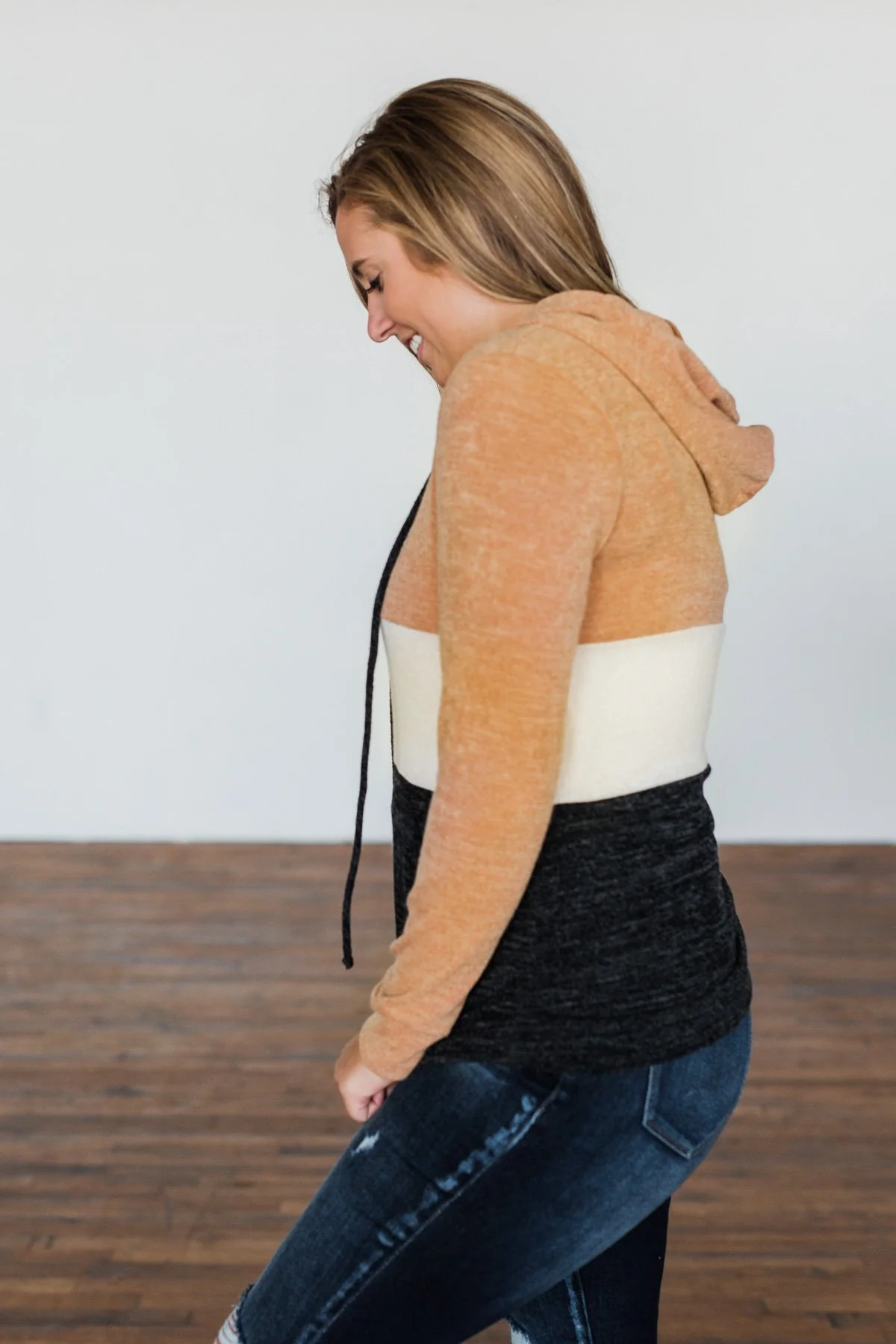 Make Me Smile Color Block Hoodie- Mustard, Oatmeal, & Charcoal - Image 6