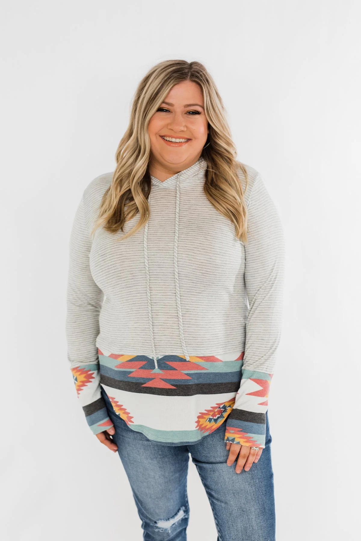 Make My Life Complete Stripes & Aztec Hoodie- Heather Grey - Image 3