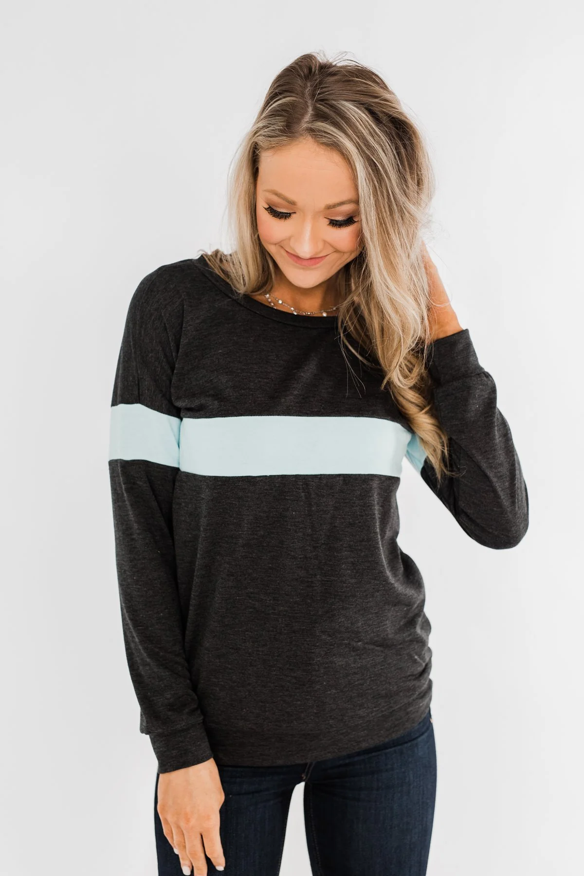 Make No Mistake Long Sleeve Top- Charcoal & Powder Blue - Image 5