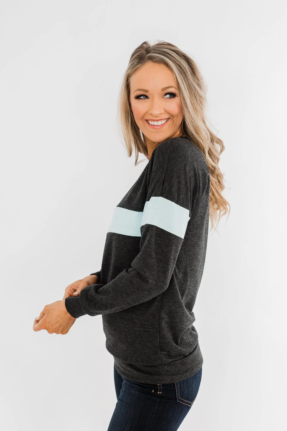 Make No Mistake Long Sleeve Top- Charcoal & Powder Blue - Image 7