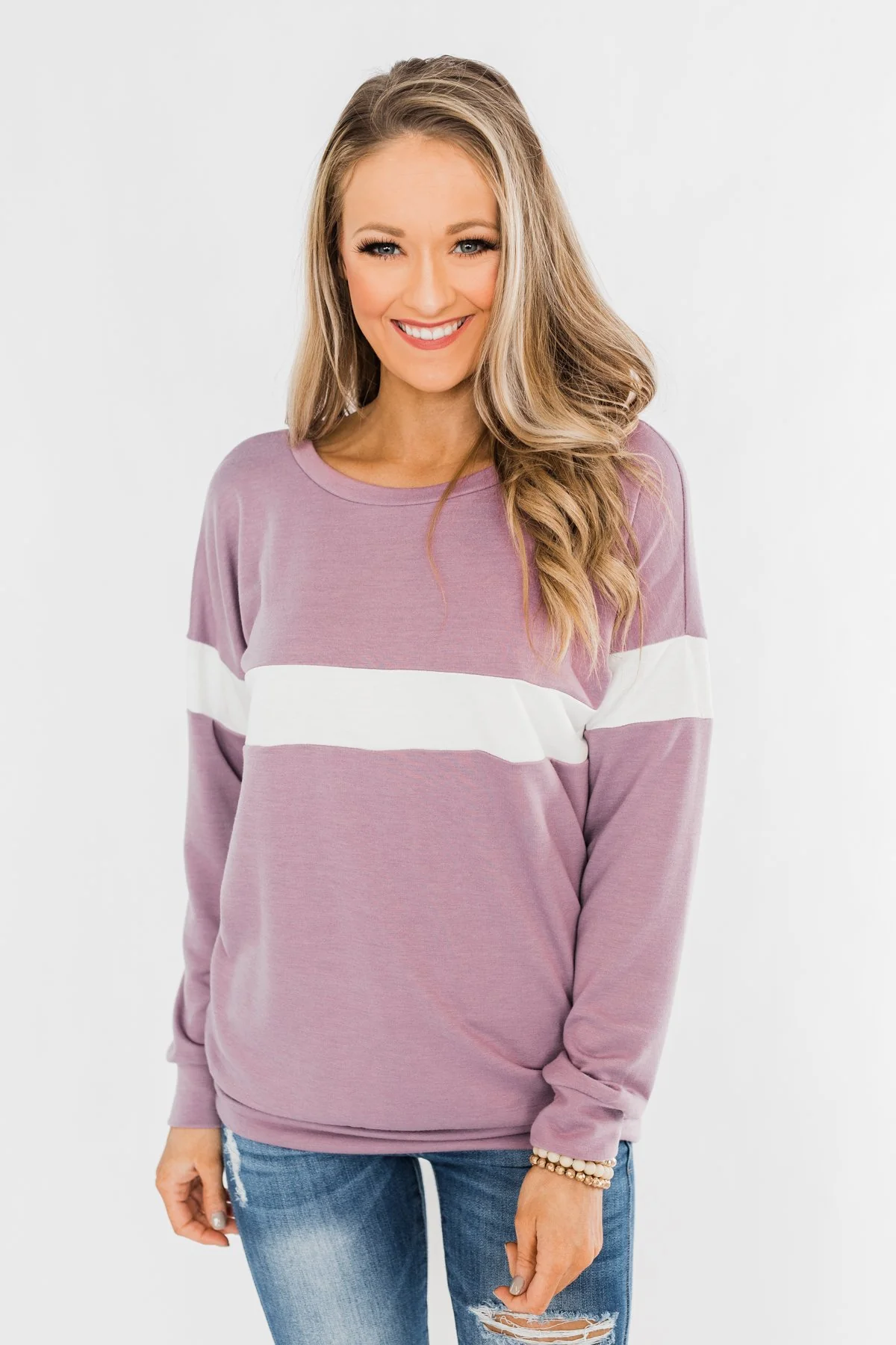 Make No Mistake Long Sleeve Top- Dark Lavender & Ivory - Image 2