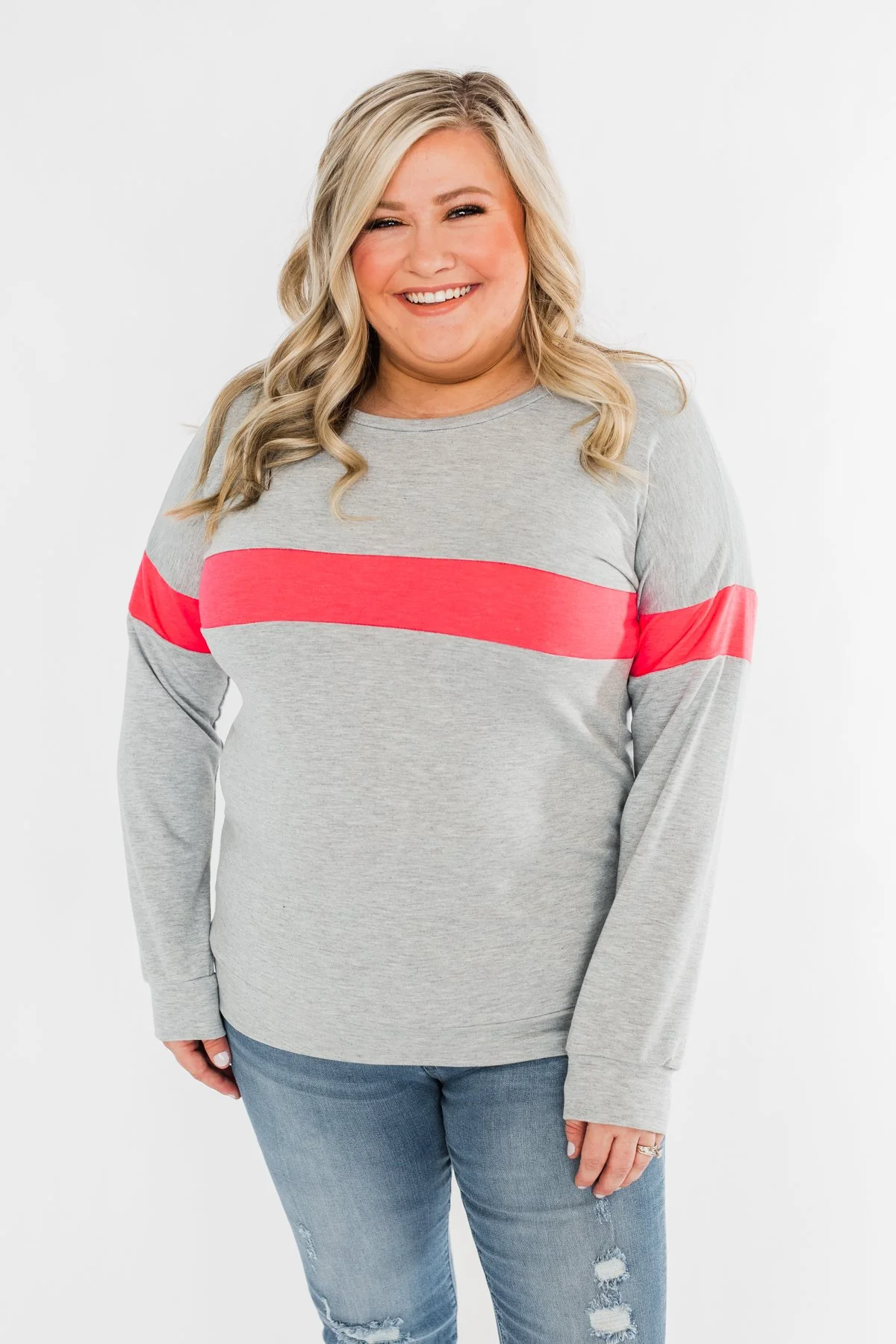 Make No Mistake Long Sleeve Top- Grey & Neon Pink - Image 4